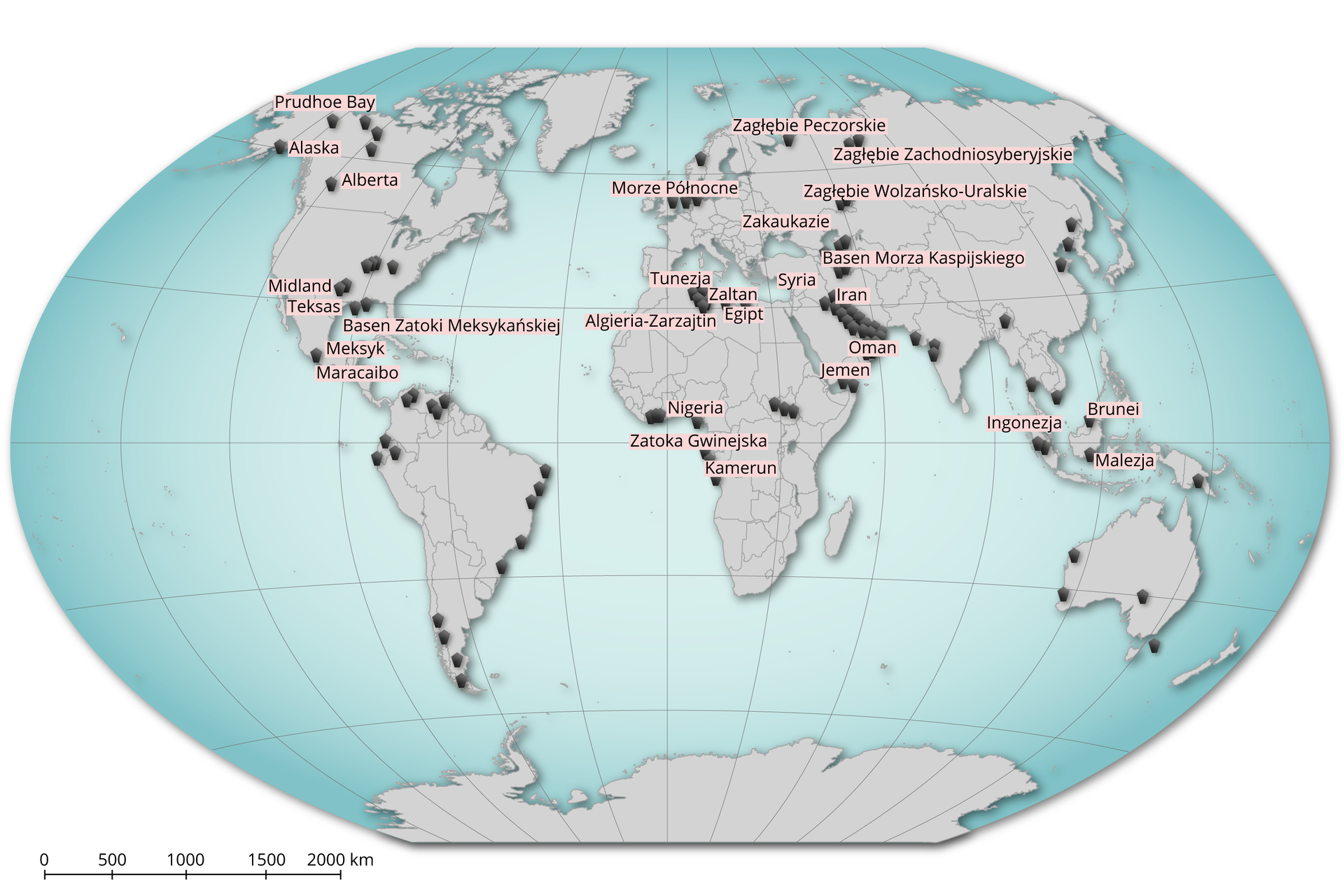 Mapa świata przedstawia obszary wydobycia ropy naftowej na świecie. Są to kolejno: w Ameryce Północnej – Prudhoe Bay, Alaska, Alberta, Midland Teksas, Basen Zatoki Meksykańskiej, Meksyk, Maracaibo. W Afryce: Tunezja, Zaltan, Egipt, Algieria‑Zarzajtin, Jemen, Oman, Nigeria, Zatoka Gwinejska, Kamerun. W Azji i Europie: Zagłębie Peczorskie, Morze Północne, Zakaukazie, Syria, Iran, Zagłębie Zachodniosyberyjskie, Zagłębie Wołżańsko‑Uralskie, Basen Morza Kaspijskiego, Indonezja, Brunei, Malezja.