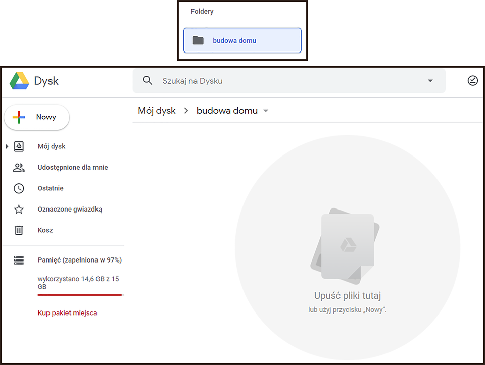 Ilustracja składająca się z dwóch części. Pierwsza część to segment Foldery. Jest w nim folder budowa domu. Druga część przedstawia interfejs Dysku Google po wejściu w folder budowa domu. Po lewej znajduje się kolumna z menu oraz informacje o ilości wolnego miejsca na dysku. Na górze jest pole do wyszukiwania.    