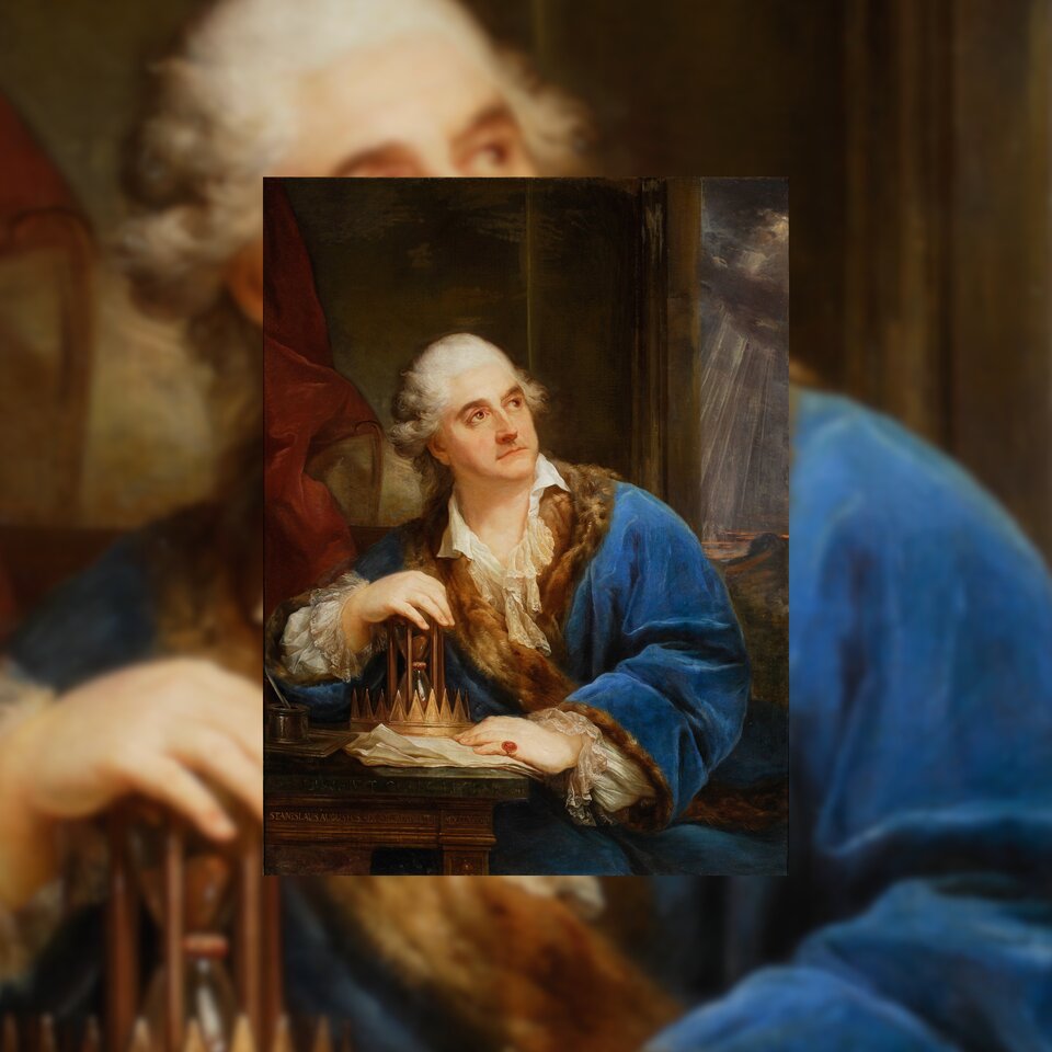 Obraz przedstawia mężczyznę w sile wieku siedzącego przy stoliku, na którym znajdują się kartki papieru, korona, kałamarz i klepsydra. Mężczyzna odwraca głowę w swoją lewą stronę i patrzy do góry. Mężczyzna ma owalną twarz, ciemne brwi, szeroko otwarte oczy, prosty nos i wąskie usta. Na głowie ma siwą perukę, której włosy są upięte z tyłu głowy. Jest ubrany w koszulę z koronkowym kołnierzem i błękitny płaszcz obszyty brązowym futrem. Prawy łokieć opiera o blat drewnianego stolika, a dłoń położył na klepsydrze stojącej na blacie. Klepsydra stoi w środku złotej korony. Pod lewą dłonią mężczyzny leżą kartki papieru. Na małym palcu ma owalny sygnet. Po lewej stronie blatu stoją przybory piśmiennicze. W tle, po prawej stronie znajduje się okno, widać zachmurzone niebo.