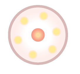 Ilustracja przedstawia koło. W środku jest małe różowe koło otoczone białą warstwą. Poza nią, dookoła, są żółte kropki. 