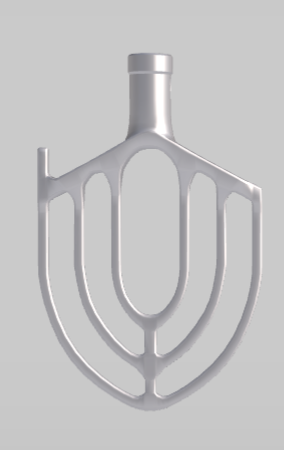 Grafika przedstawia element roboczy miesiarki typu liść. Widoczna jest u góry tuleja, od której odchodzi część pracująca w postaci ażurowego liścia.