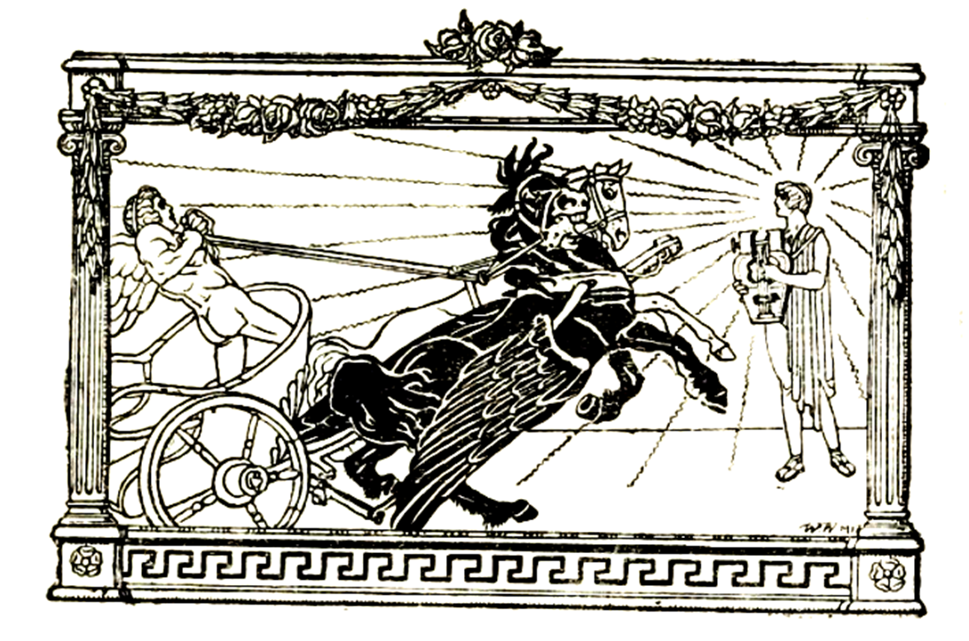 Rycina przedstawia dwukonny rydwan powożony przez nagiego, atletycznie zbudowanego mężczyznę. Ukazany jest także młody mężczyzna w todze grający na niewielkiej harfie.