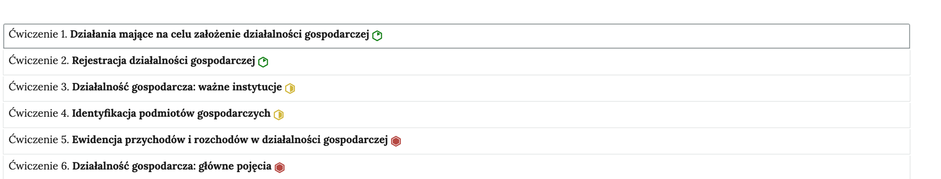 Grafika przedstawia przykładowy widok ogólny harmonii z sześcioma interaktywnymi materiałami sprawdzającymi. Jest to kolumna z sześcioma wierszami. Wewnątrz każdego z nich został umieszczony numer ćwiczenia wraz z nazwą działu, którego dotyczy. Z boku dodatkowo znajduje się ikonka w kształcie sześciokąta oznaczająca poziom trudności. Zielona oznacza łatwy, żółta średni, a czerwona trudny. Po kliknięciu danego wiersza ukazuje się wybrane ćwiczenie.