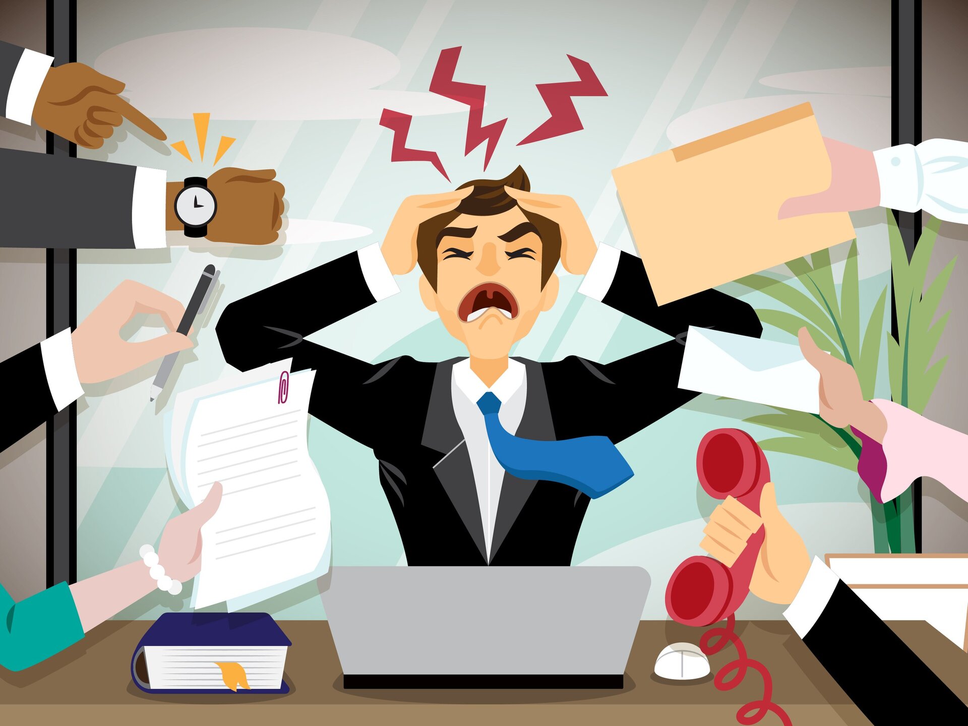 Na rysunku przedstawiony jest mężczyzna w garniturze z rozwianym krawate - pracownik biurowy, który trzyma się za głowę. Na twarzy ma grymas złości, bezsilności. Wokół niego wyciągnięte ręce trzymające długopis, dokumenty, słuchawkę telefonu, kopertę i teczkę na dokumenty. Jedna z rąk wskazuje na zegarek symbolizujący upływający czas. Przed mężczyzną na biurku znajduje się laptop, myszka i gruba książka.