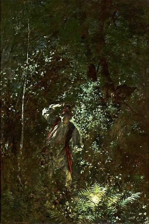 Obraz przedstawia gęste zarośla w lesie. Przedziera się przez nie młody mężczyzna w chłopskim stroju. Przed nim rozbłyskuje jasno kwiat paproci.
