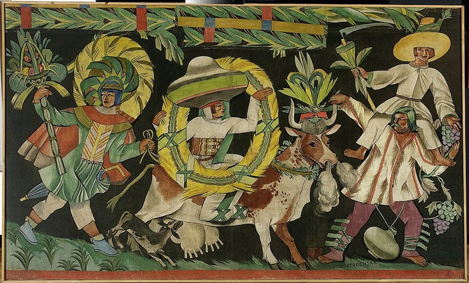 lustracja przedstawia obraz Zofii Stryjeńskiej pt. „Pory roku. Lipiec‑Sierpień ”(fragment panneau dekoracyjnego na Wystawę Światową w Paryżu). Dzieło powstało w 1925 roku. Możemy je znaleźć w Muzeum Narodowym w Warszawie. Na obrazie mieści się kilka postaci. Postacie ubrane są w różnorodne stroje. Z lewej strony widoczny jest mężczyzna w kolorowym kostiumie. Nad głową widoczną jest kwiatowy wieniec. W ręku trzyma kosz z owocami na długim kiju. Kolejną postacią jest mężczyzna na krowie. Bohater ma ogromny kapelusz na głowie. W rękach trzyma wieniec. Kolejno widać dwóch mężczyzn. Jeden z nich siedzą na ramionach drugiego. Ubrani są w jasne kostiumy. W rękach trzymają owoce winogrona. Autorem pracy była polska malarka, grafik oraz ilustratorka. Nazywana była „księżniczką sztuki polskiej”. Głównie zajmowała się temperą, litografią,