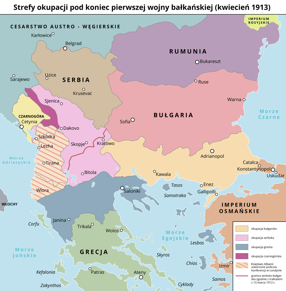 Mapa przedstawia strefy okupacji pod koniec pierwszej wojny bałkańskiej w kwietniu 1913 roku.  Okupacja Bułgarska zajmowała tereny leżące na południu Bułgarii, poza jej granicami, na obecnych terenach Turcji i Grecji.  Okupacja Serbska  zajmowała tereny obecnej Macedonii, Kosowa i Serbii. Okupacja Czarnogórska zajmowała tereny na wschód od Czarnogóry.  Okupacja Grecka zajmowała tereny aktualnej północnej Grecji.  Księstwo Albani utworzone podczas konferencji w Londynie zajmowało zachodnie wybrzeże dzisiejszej Albanii i Grecji. Granica serbsko Bułgarska zgodnie z traktatem z 13 marca 1912 roku. przebiegała od Księstwa Albanii do Bułgarii, przez wschodnie tereny okupacji serbskiej, wzdłummiast Skopje i Kratowo. 