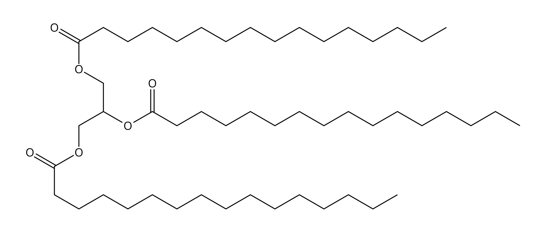 Ilustracja przedstawiająca wzór kreskowy tripalmitynianu glicerolu. Wszystkie atomy węgla i wodoru przedstawiono w formie szkieletowej, to znaczy zaprezentowano w postaci łamanych, w których każde załamanie, tworzące kąt sto dwadzieścia stopni odpowiada atomowi węgla podstawionemu odpowiednią ilością atomów wodoru, zaś kreski stanowią tradycyjnie wiązania. Zatem wzór kreskowy jest następujący. Cząsteczka składa się z trójwęglowego łańcucha glicerolu składającego się z dwóch kresek. Od każdego z trzech punktów załamania, to jest atomów węgla odchodzi kreska łącząca atomy węgla z atomami tlenu O. Wspomniane atomy tlenu łączą się za pomocą pojedynczego wiązania z atomem węgla, a atom węgla łączy się za pomocą wiązania podwójnego, to jest dwóch kresek z atomem tlenu. Każdy z atomów węgla grupy estrowej łączy się ponadto z łańcuchem węglowodorowym składającym się z łamanej utworzonej przez piętnaście kolejno połączonych ze sobą kresek, co odpowiada piętnastu atomom węgla. 
