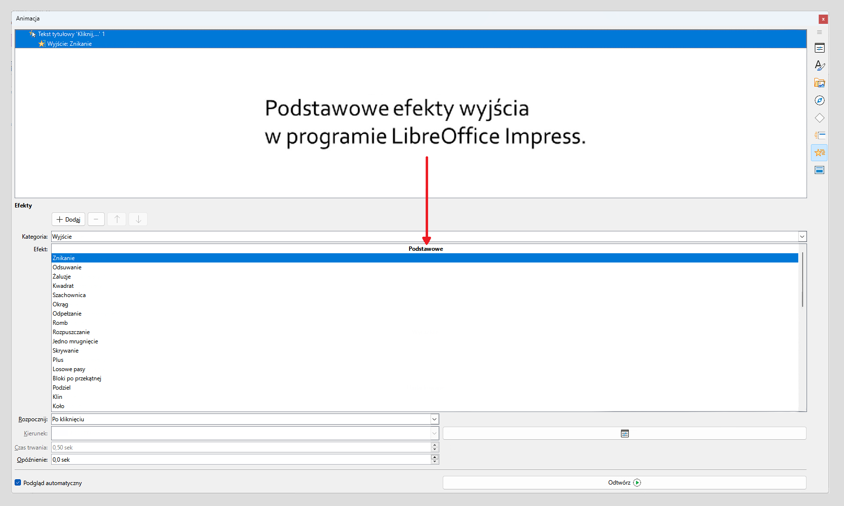 Zrzut ekranu z efektami i wyjścia w programie LibreOffice Impress. Obok treść: "Podstawowe efekty wyjścia w programie LibreOffice Impress".