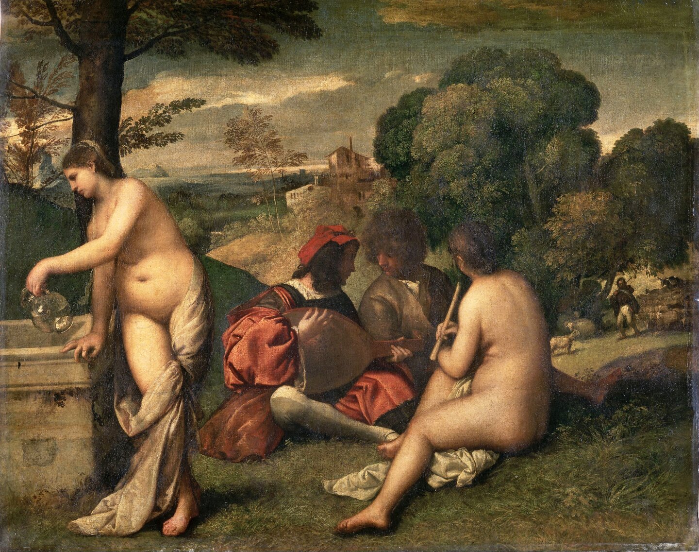 Obraz przedstawia czwórkę ludzi: dwie kobiety oraz dwóch mężczyzn. Mężczyźni oraz jedna z kobiet siedzą na trawie przy studni. Dwaj mężczyźni są zajęci rozmową, obaj są ubrani, jeden z nich trzyma instrument muzyczny przypominający gitarę. Ułożenie dłoni tego mężczyzny sugeruje, że w tej chwili gra on na instrumencie. Obie kobiety przedstawione na obrazie są nagie. Jedna z nich siedzi odwrócona plecami do obserwatora. Druga nabiera ze studni wodę do przezroczystego dzbana. Scena rozgrywa się na łonie natury, na tle typowego włoskiego krajobrazu. Widać drzewa, pasące się owce oraz w oddali zabudowania i wzgórza. 