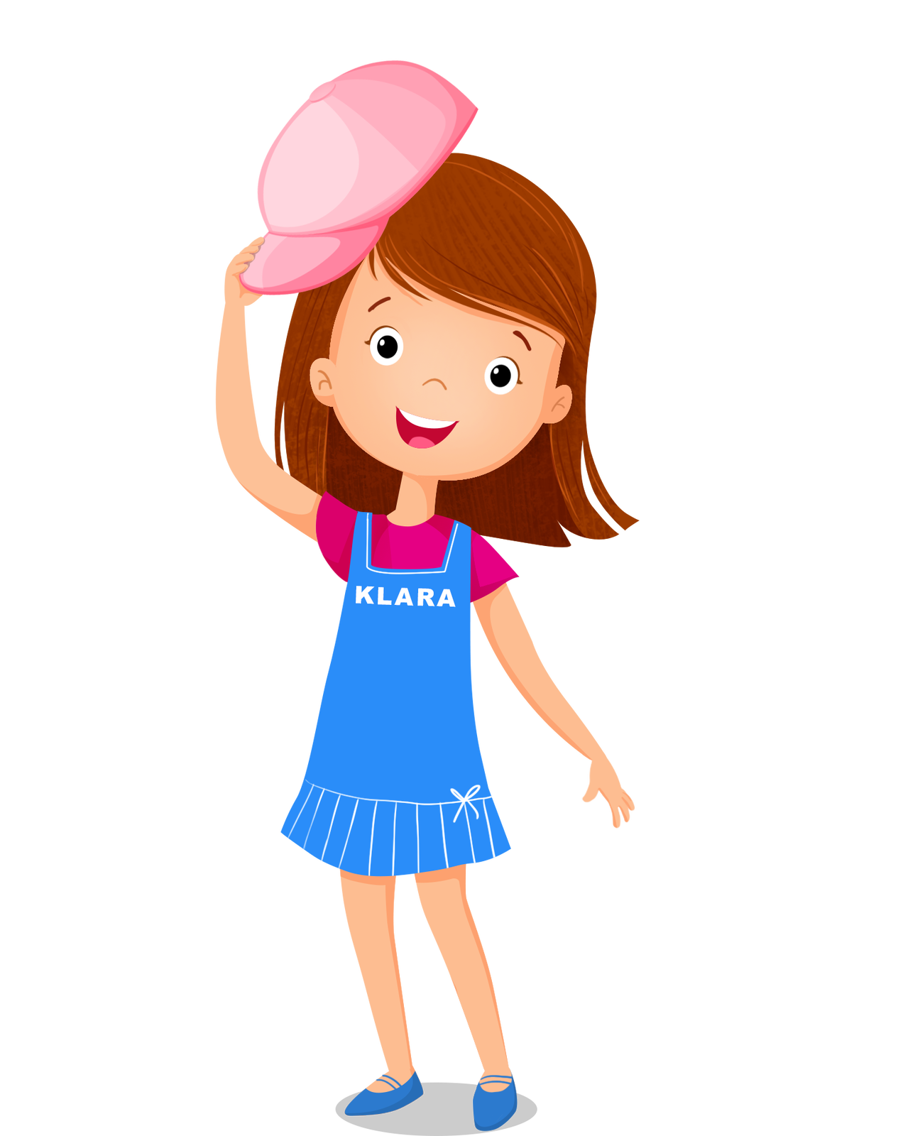 Ilustracja przedstawia dziewczynkę o brązowych włosach. Ubrana jest w niebieską sukienkę ma różową czapką .To Klara
