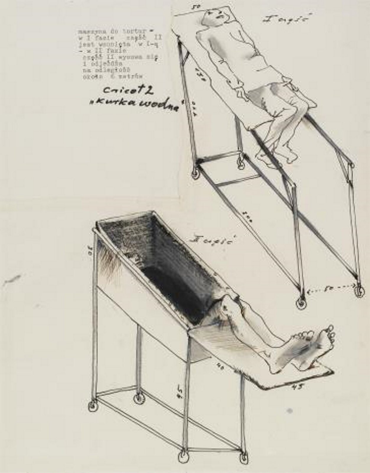 Ilustracja przedstawia szkic maszyny do tortur do spektaklu „Kurka wodna”.