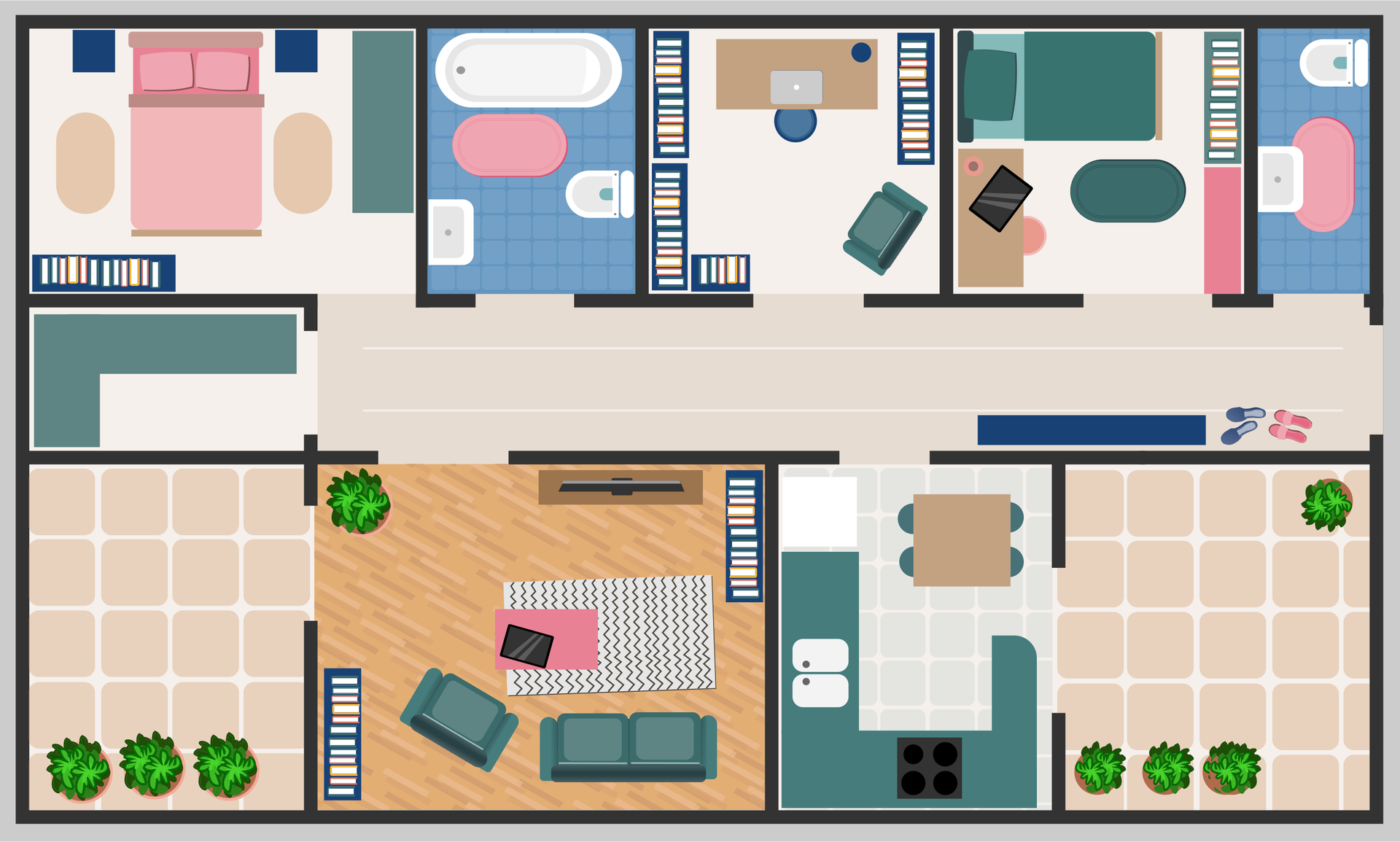 Rysunek przedstawia rzut z góry mieszkania. Przez jego środek przebiega długi korytarz, po obu jego stronach znajdują się pomieszczenia. Po prawej stronie korytarza znajduje się mała łazienka, sypialnia z pojedynczym łóżkiem, gabinet z biurkiem i obszerną biblioteczką. Za gabinetem znajduje się duża łazienka z wanną oraz następnie duża sypialnia z podwójnym łóżkiem. Po drugiej stronie korytarza znajduje się taras połączony z kuchnią oraz salon, z którego można wyjść na drugi taras. W salonie znajdują się kanapa, fotel, stolik kawowy, telewizor, dwie półki z książkami. Na końcu korytarza znajduje się garderoba z pojemną szafą.