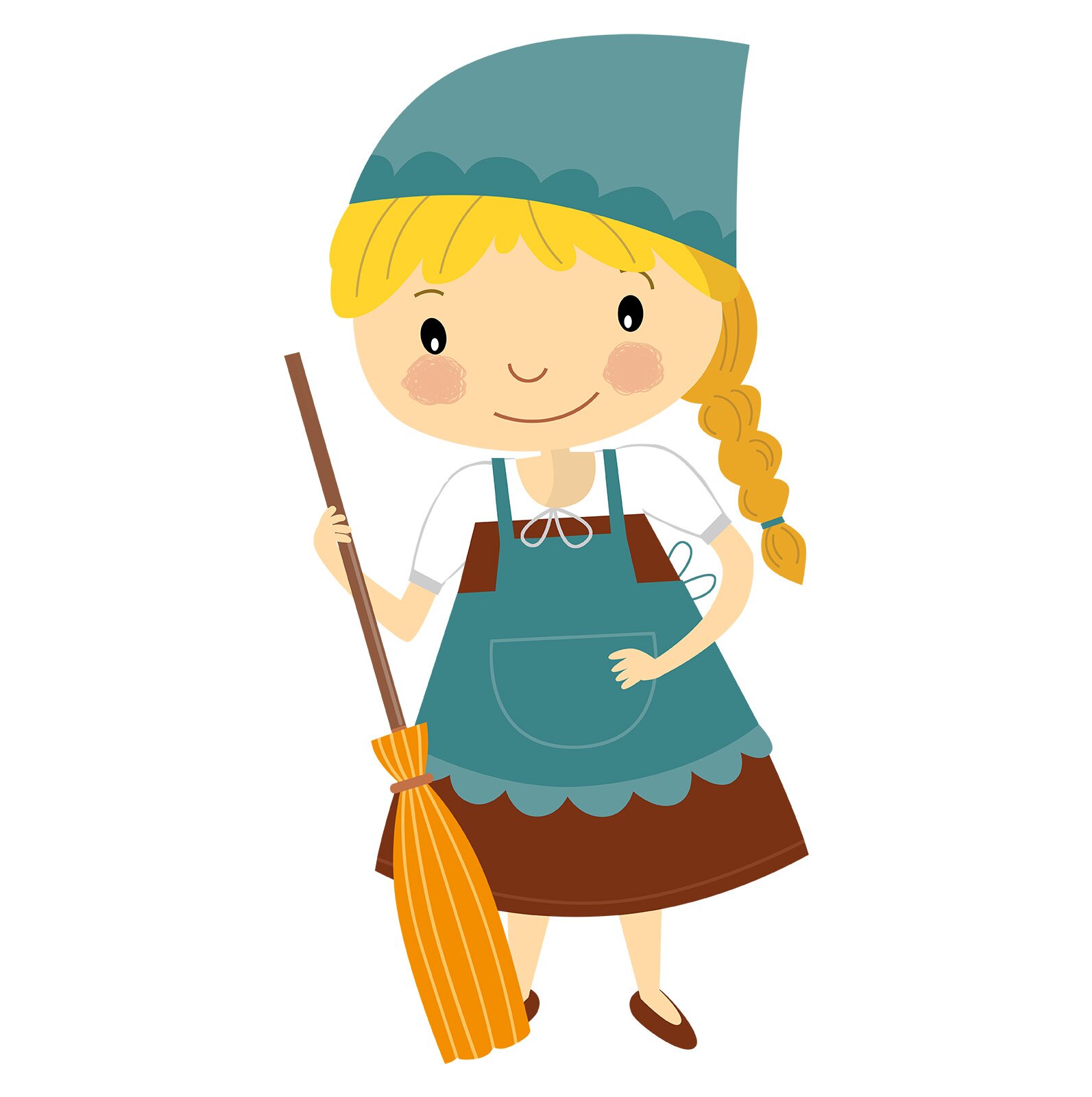 Ilustracja przedstawia dziewczynkę w sukience z fartuszkiem. Na głowie ma chustkę. W ręku trzyma miotłę.