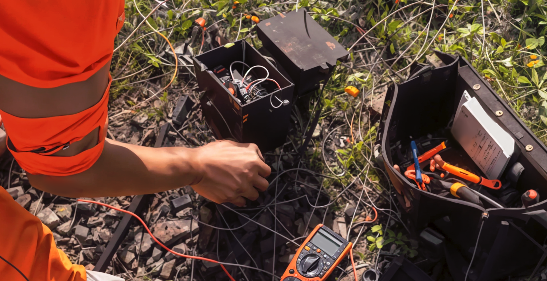 Na ilustracji jest technik automatyk przeprowadzający diagnostykę. Ma ze sobą torbę z narzędziami, dokumentację oraz multimetr służący do pomiarów. Diagnostyce poddawana jest skrzynka przytorowa.