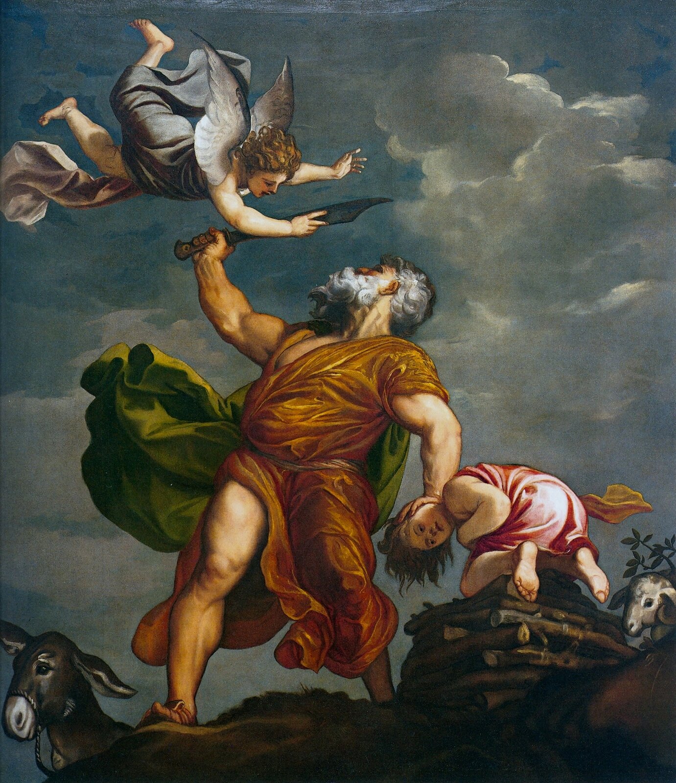 Ilustracja przedstawia obraz Tycjana „Ofiara Izaaka”. Ukazuje Abrahama w żółto-zielonej szacie z mieczem w dłoni, odwróconego w górę, w stronę anioła, który ręką chwycił za miecz. Lewą dłonią trzyma głowę małego Izaaka klęczącego na podwyższeniu z gałęzi. Po lewej stronie zza wzgórza wychyla się głowa osła, a po prawej baranka. Tłem jest ciemne, zachmurzone niebo.