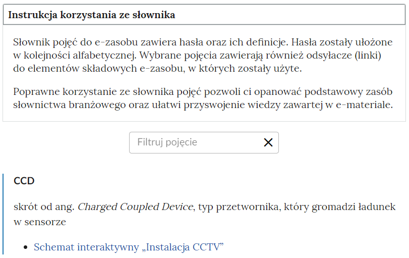 Widok na górną część słownika z polem filtrowania haseł słownika.