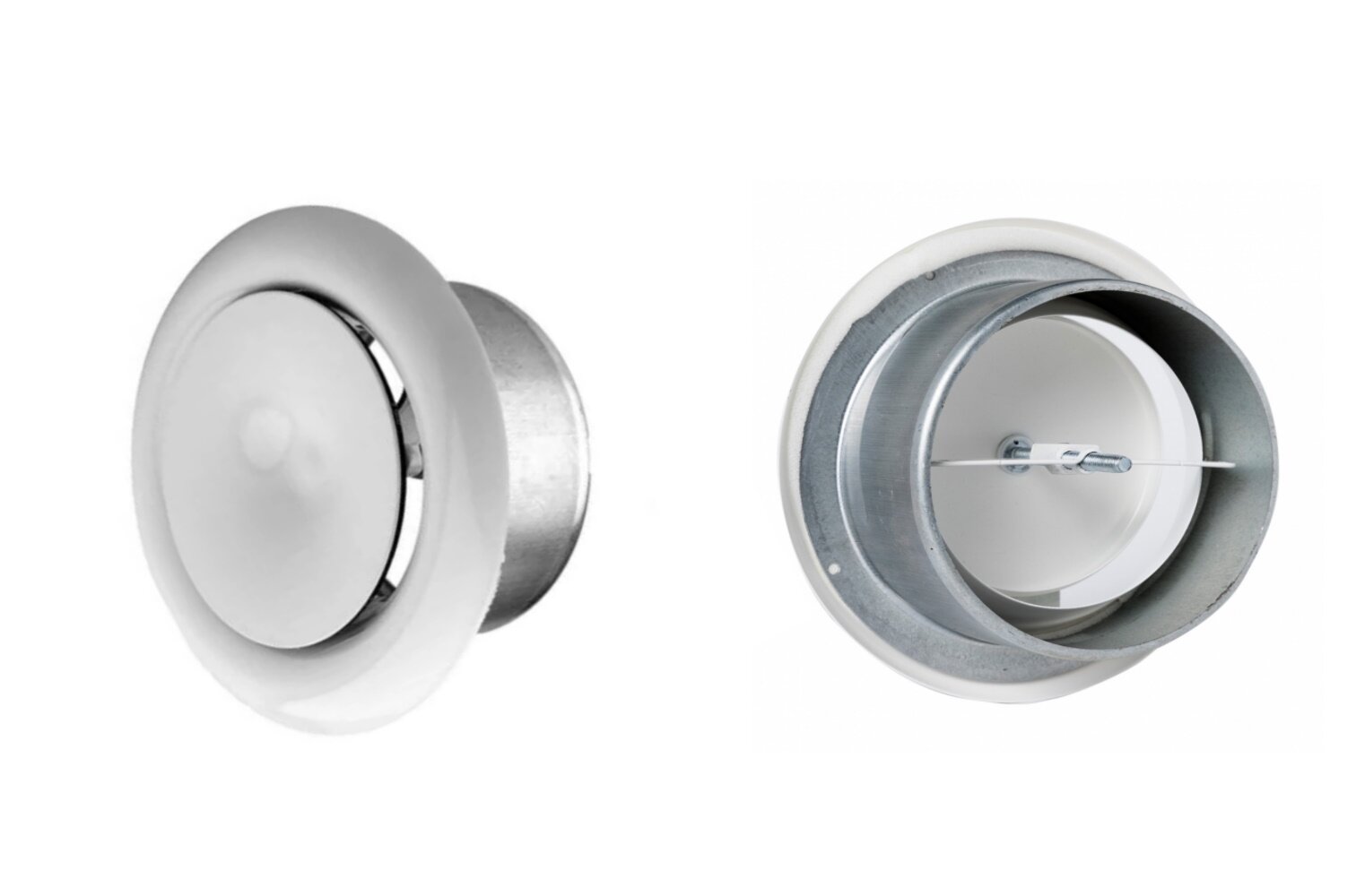 Zdjęcie przedstawia anemostat ścienny regulowany. To niewielki element. Ukazany jest rzut z boku oraz z tyłu.
Opisy prezentowanych na grafikach obiektów są załączone w treści.