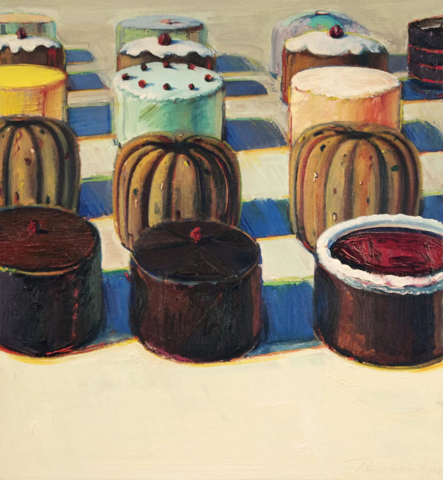 Ilustracja przedstawia obraz „Wybór ciast”, autorstwa Waynea Thiebauda. Dzieło ukazuje perspektywę kulisową. Na jasno‑kremowym tle namalowanych zostało pięć rzędów, okrągłych, różnokolorowych ciast, rzucających niebieskie cienie. Poszczególne torty są zasłonięte przez poprzedzające je wypieki. Jedynie pierwszy rząd ciast ukazany jest w całości.