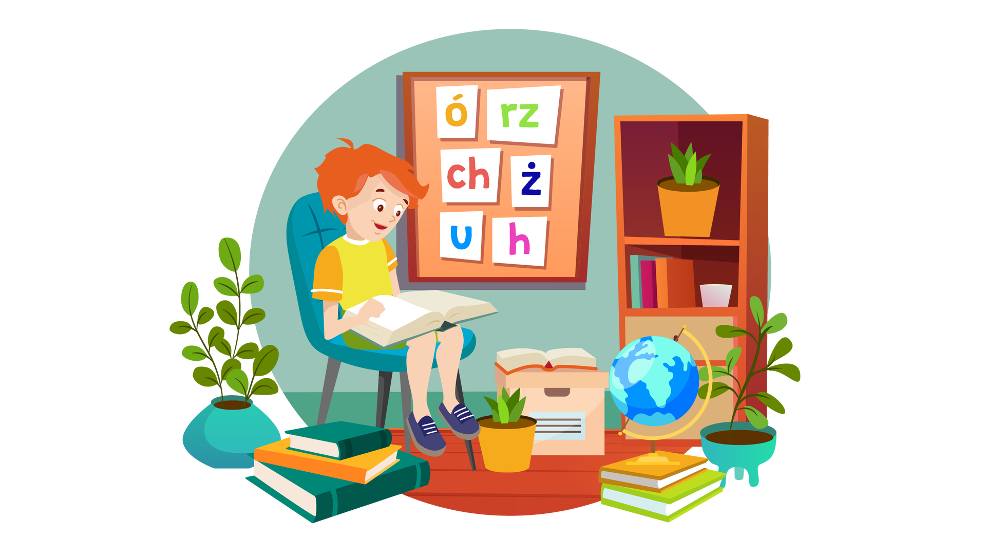 Ilustracja przedstawia pokój w domu Franka i Mai. W tle widać turkusową ścianę, na której wisi tablica korkowa w brązowej ramie. Do tablicy przyczepiono sześć kartek z literami. Na pierwszej kartce znajduje się pomarańczowe ó, na drugiej jasnozielone er zet, na trzeciej ciemnopomarańczowe ce ha, na czwartej granatowe żet, na piątej niebieskie u, a na szóstej różowe h. Na prawo od tablicy stoi brązowy regał z dwiema półkami i dwiema jasnobrązowymi szufladami. Na pierwszej półce widać zieloną roślinę w pomarańczowej donicy, a na drugiej trzy książki i pustą białą donicę. Na pierwszym planie, na drewnianej podłodze, ustawiono różne przedmioty. Po lewej stronie jest zielona roślina w turkusowej donicy. Obok niej są trzy książki ułożone jedna na drugiej. Pierwsza i trzecia ma ciemnozieloną okładkę, a druga pomarańczową. Na środku stoi zielona roślina w pomarańczowej donicy, a za nią beżowe pudełko z pokrywką. Na pudełku leży otwarta książka w pomarańczowej okładce. Na prawo od pudełka są dwie książki ułożone jedna na drugiej. Pierwsza ma pomarańczową okładkę, a druga jasnozieloną. Na książkach stoi globus na złotej podstawie. Po prawej stronie pomieszczenia znajduje się zielona roślina w turkusowej donicy. Przed tablicą korkową stoi turkusowe krzesło, na którym siedzi Franek. Jest ubrany w żółtą koszulkę z krótkimi pomarańczowymi rękawami, krótkie zielone spodnie i granatowe buty z białymi sznurówkami. Czyta książkę, która leży otwarta na jego kolanach.