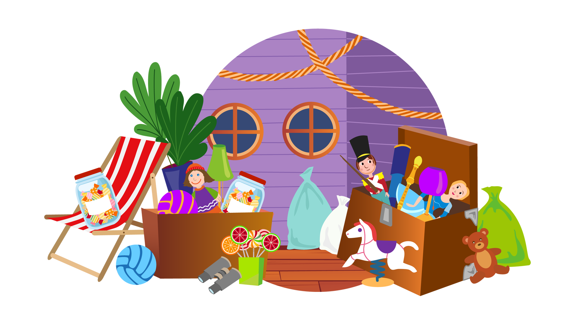 Ilustracja przedstawia dużą ilość zabawek i innych przedmiotów, znajdującą się na statku. W tle widać fioletową ścianę statku z dwoma okrągłymi oknami i zwisającymi u góry linami. Są o nią oparte dwa worki z niewidoczną zawartością – jeden turkusowy, a drugi biały. Po lewej stronie stoi leżak plażowy w biało‑czerwone pasy, a na nim leży przezroczysty słoik z cukierkami. Obok leżaka jest niebieska piłka do siatkówki. Kolejna, fioletowa, znajduje się w dużym brązowym pudełku, które stoi dalej na prawo. Są tam również zielona roślina w granatowej donicy, szmaciana lalka, lampa z zielonym kloszem i jeszcze jeden słoik z cukierkami. Przy pudle widać na podłodze lornetkę i zielony pojemnik z kolorowymi lizakami. Po prawej stronie jest duża brązowa skrzynia z zabawkami. Jej wieko jest otwarte, dzięki czemu widać jej zawartość. Znajdują się tam żołnierzyk, luneta, flet, lampa z fioletowym kloszem i lalka w niebieskiej sukience. Obok skrzyni są biały konik na sprężynie, brązowy miś i duży zielony worek z niewidoczną zawartością.