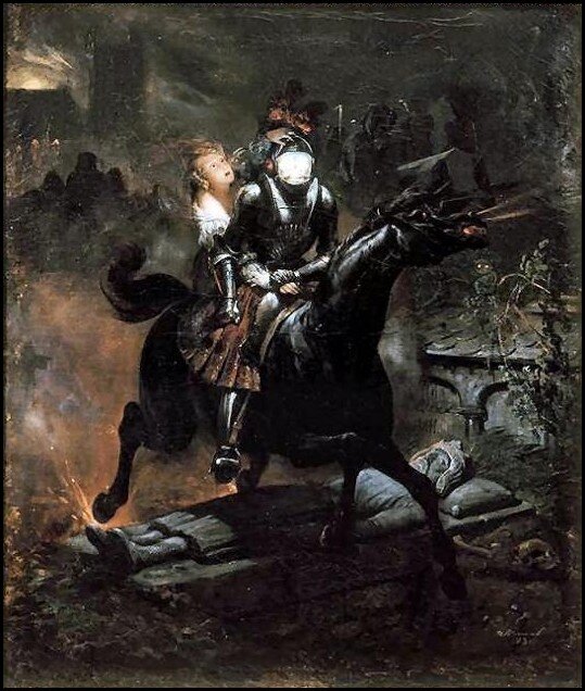 Obraz przedstawia scenę rodzajową. Jest noc. Na karym koniu jedzie rycerz zakuty w zbroję. Za jego plecami siedzi młoda kobieta. Koń przebiega nad grobowcem. Na jego wieku znajduje się postać leżącego króla w koronie. Wokół panuje ciemność, jedynie twarze osób jadących konno są oświetlone. Spod końskich kopyta pryskają iskry. Wokół znajdują się zarysy nagrobków. W tle ledwo zaznaczone zarysy dużych budynków.