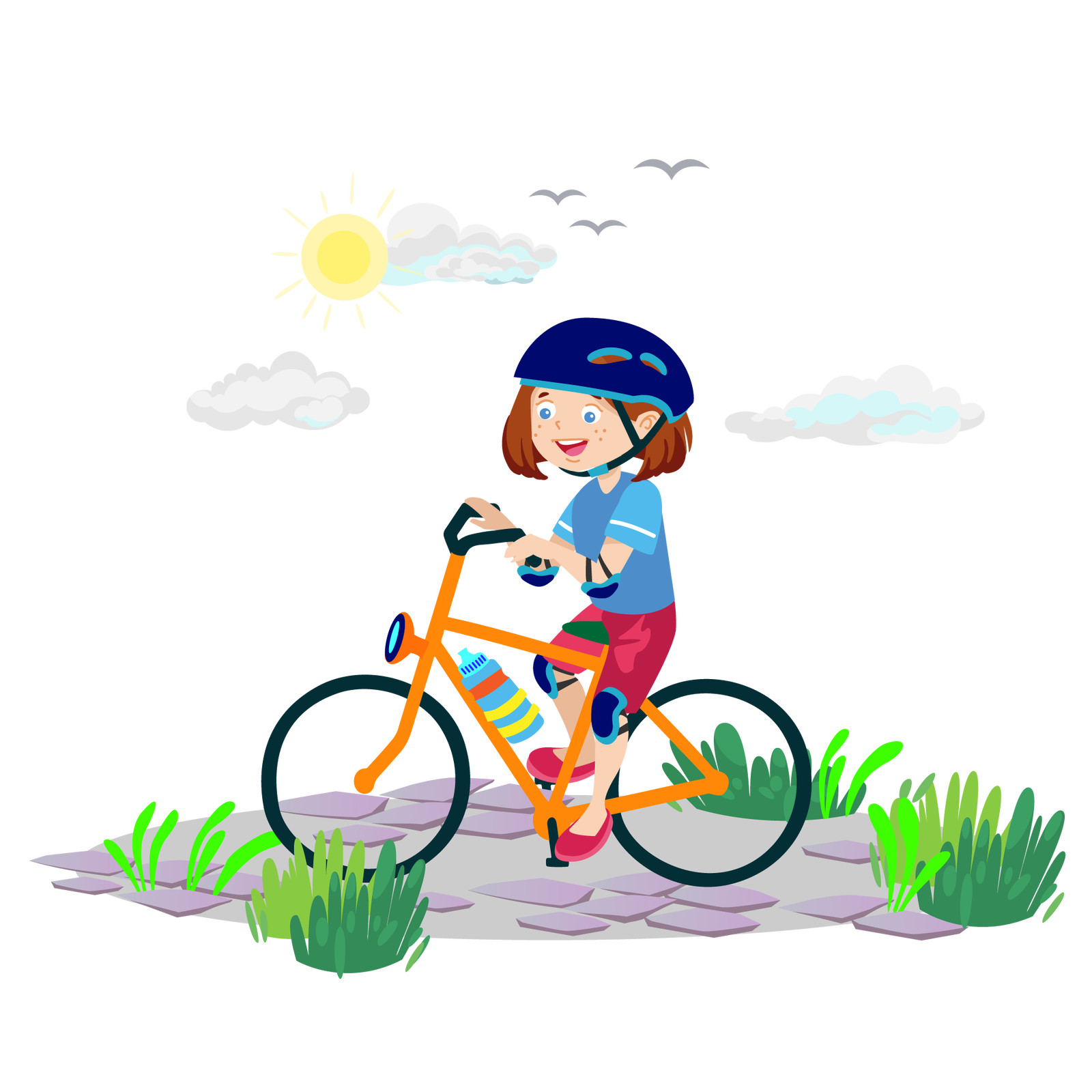 Ilustracja przedstawia ścieżkę otoczoną kępkami trawy. W tle widać słońce, jasne chmury i trzy ptaki lecące po niebie. Na środku ilustracji Maja jedzie na pomarańczowym rowerze w lewą stronę. Jest ubrana w niebieską koszulkę z krótkimi błękitnymi rękawami, krótkie ciemnoróżowe spodnie i ciemnoróżowe buty. Na głowie ma granatowy kask, a na łokciach i kolanach granatowe ochraniacze. Do ramy roweru jest przyczepiony kolorowy bidon. Maja uśmiecha się i patrzy przed siebie.