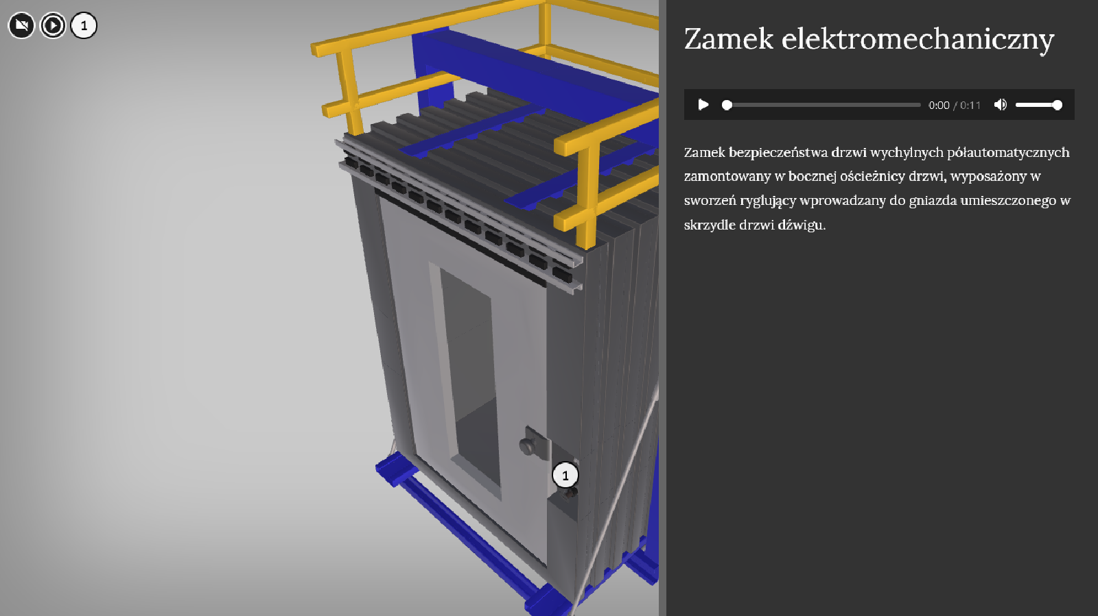 Przykładowy wygląd zakładki wizualizacji. Widoczny jest model zamku bezpieczeństwa drzwi wychylnych ka trzy sześć zero jeden. Na modelu, na zamku drzwi, znajduje się znacznik o numerze jeden. Po prawej stronie na panelu bocznym znajduje się rozwinięta informacja na temat zamku elektromagnetycznego, powyżej pasek odtwarzania z treścią tożsamą.