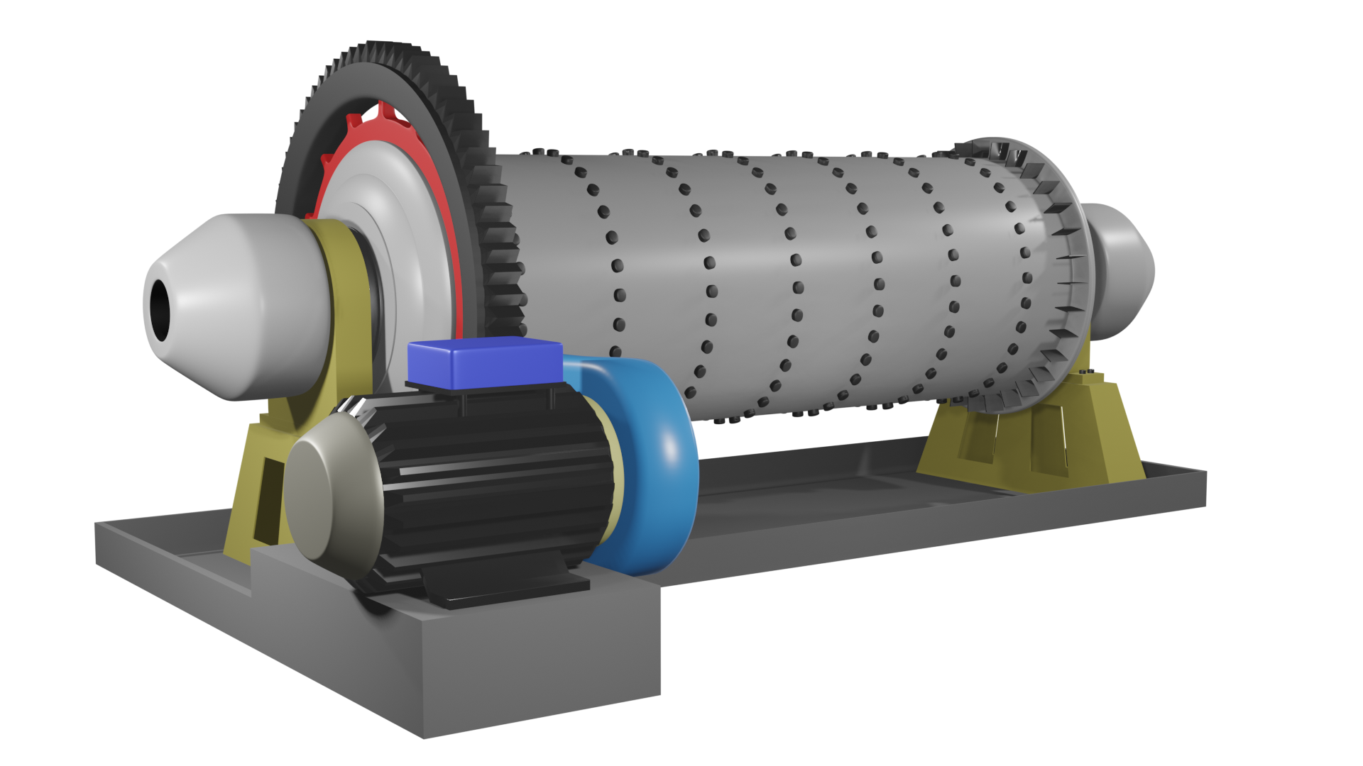 Ilustracja przedstawia przekrój przez młyn kulowy. Jest on stosowany do mielenia, to jest do rozdrabniania miałkiego, czyli do bardzo drobnych frakcji. Ma walcowaty kształt i zorientowany jest poziomo. Z lewej strony urządzenia znajduje się układ napędowy z kołem zębatym oraz silnikiem. We wnętrzu bębna znajdują się kule. Podczas rozdrabniania bęben młyna obraca się wokół osi poziomej przechodzącej przez jego środek.