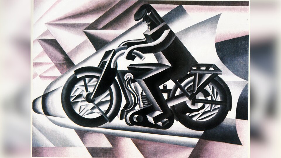 Obraz przedstawia mężczyznę jadącego na motocyklu.