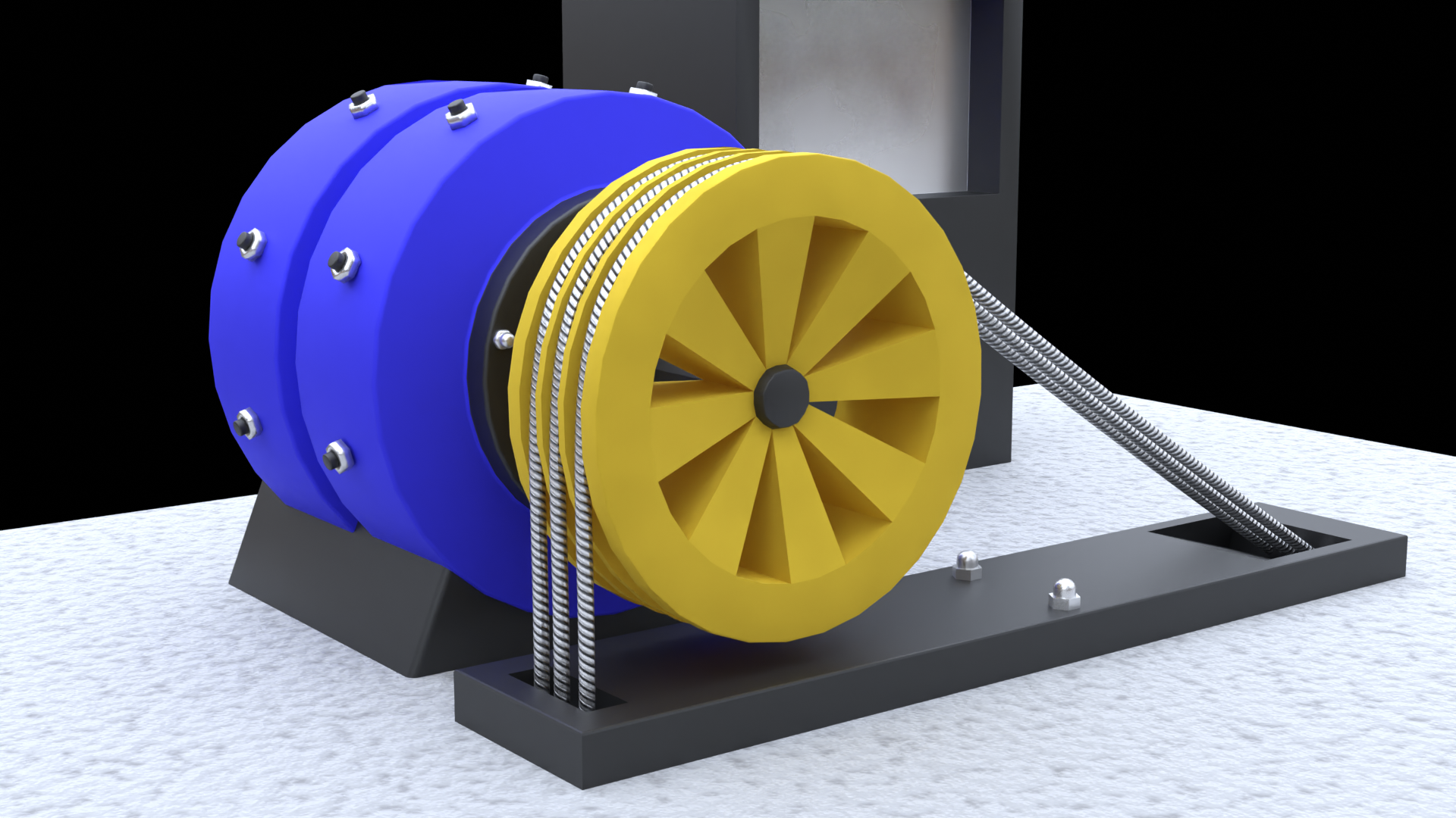 Grafika przedstawia koło. Grzbiet koła posiada trzy rowki, na które nałożone są trzy stalowe linki. Koło posiada mechanizm umożliwiający jego obracanie. Znajduje się nad szybem kabiny dźwigu.