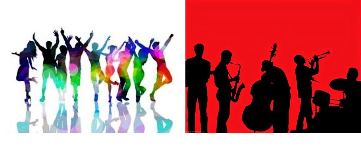 Na ilustracji znajdują się obok siebie dwie prace: z lewej strony - komputerową wersję zdjęcia tańczących ludzi. Dzięki programowi komputerowemu na sylwetkach zostały wyświetlone przenikające się barwy; ciepłe i gorące, chłodne i zimne - wszystko razem sprawia wrażenie dyskotekowej atmosfery. Na ilustracji z prawej strony – znajdują się sylwetki zespołu jazzowego, grającego na instrumentach. Trzy osoby grają na instrumentach dętych, jeden muzyk na kontrabasie i jeden na perkusji. Całość jest w dwóch jednolitych kolorach: tło jest koloru gorącego ( intensywny czerwony), a sylwetki są w kolorze czarnym, wydają się jakby były wycięte z papieru – są pozbawione szczegółów.