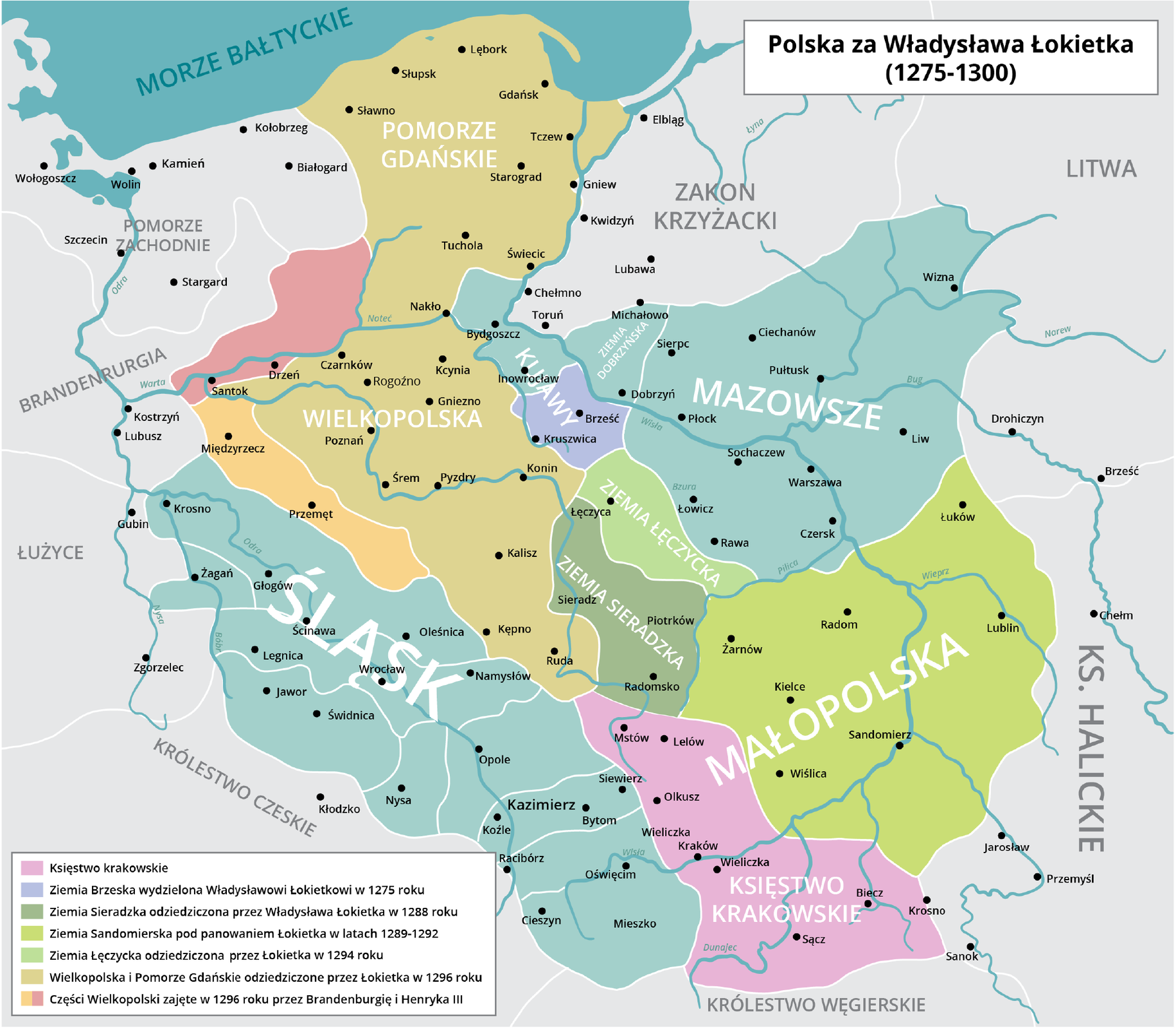 Mapa przedstawiająca Polskę w 1295 roku. Polska dzieli się na Pomorze Gdańskie, Mazowsze, Wielkopolskę, Śląsk, Księstwo Krakowskie, Małopolskę, Ziemię Łęczycką i Ziemię Sieradzką, Kujawy.