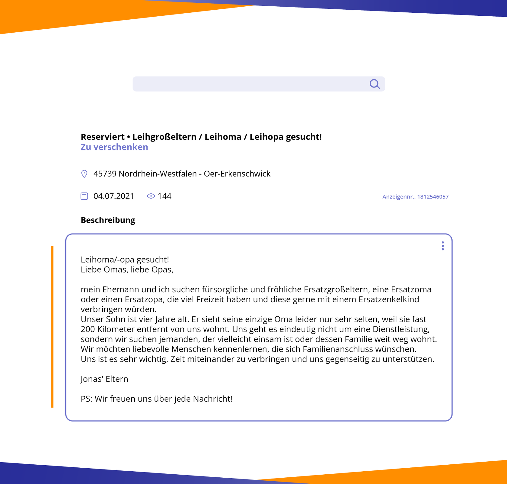 Ilustracja przedstawia ogłoszenie o poszukiwaniu dziadków zastępczych. Transkrypcja jest dostępna poniżej.