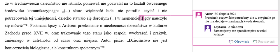 Ilustracja przedstawia fragment dokumentu w programie  LibreOffice Writer . Tekst dokumentu jest w kolorze czarnym, na marginesie znajduje się dymek z tekstem komentarza. Poniżej komentarza znajduje się odpowiedź na niego, również wewnątrz dymka