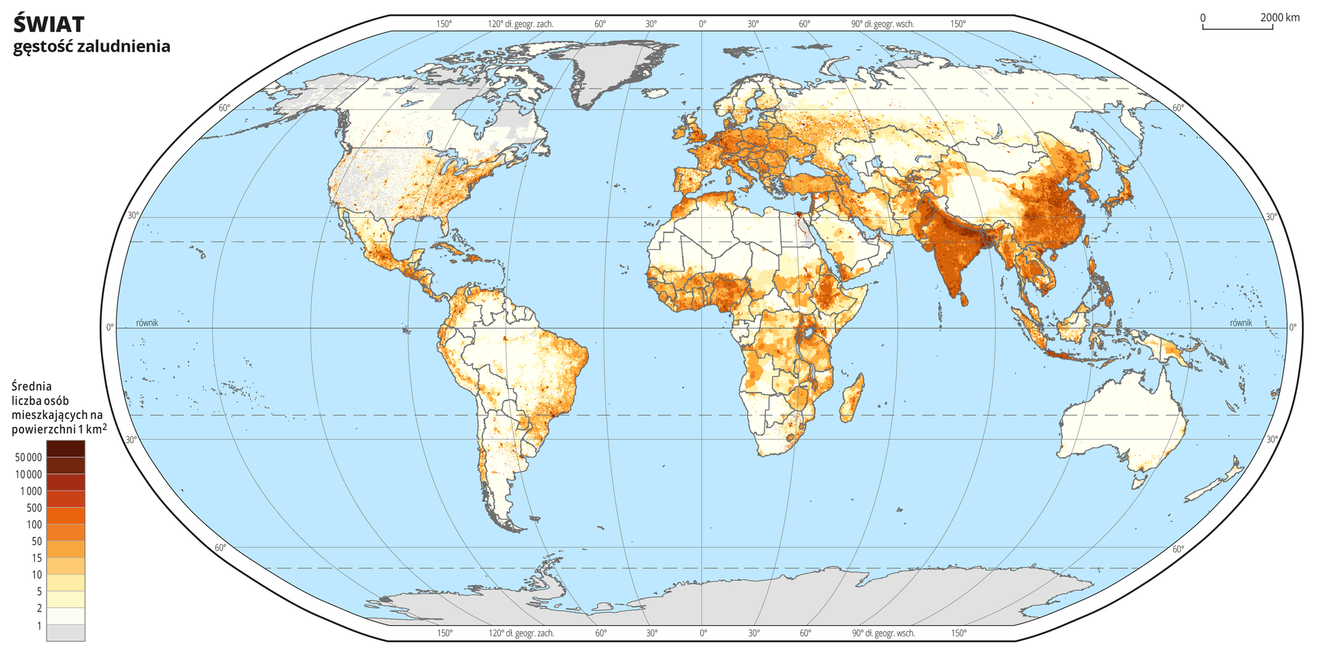 Ilustracja przedstawia mapę świata. Na mapie kolorami zaznaczono średnią liczbę osób mieszkających na powierzchni jednego kilometra kwadratowego. Kolorem szarym oznaczono obszary, na których na jednym kilometrze kwadratowym mieszka mniej niż jedna osoba. Są to położone na północy obszary Ameryki Północnej, Grenlandia i Antarktyda. Najjaśniejszym odcieniem koloru żółtego oznaczono obszary, na których na powierzchni jednego kilometra kwadratowego zamieszkuje poniżej dwóch osób. Są to Sahara, Australia, północna i środkowa część Azji, środkowa część Ameryki Południowej. Obszary oznaczone kolorami pomarańczowymi, czerwonymi i brązowymi oznaczającymi dużą gęstość zaludnienia zajmują Europę, zachodnie wybrzeże Ameryki Północnej, wybrzeża Ameryki Południowej, północną Afrykę, centralną Afrykę, Indie i Azję Wschodnią. Mapa pokryta jest równoleżnikami i południkami. Dookoła mapy w białej ramce opisano wartości długości i szerokości geograficznej co dwadzieścia stopni. Na dole mapy po lewej stronie umieszczono pionowy pasek podzielony na dwanaście części. Kolorami od jasnożółtego przez żółty, odcienie pomarańczowego, czerwony do brązowego oznaczono średnią liczbę osób mieszkających na powierzchni jednego kilometra kwadratowego. Najniższa gęstość zaludnienia wynosi poniżej jednej osoby na kilometr kwadratowy, najwyższa – powyżej pięćdziesiąt tysięcy osób na jeden kilometr kwadratowy.