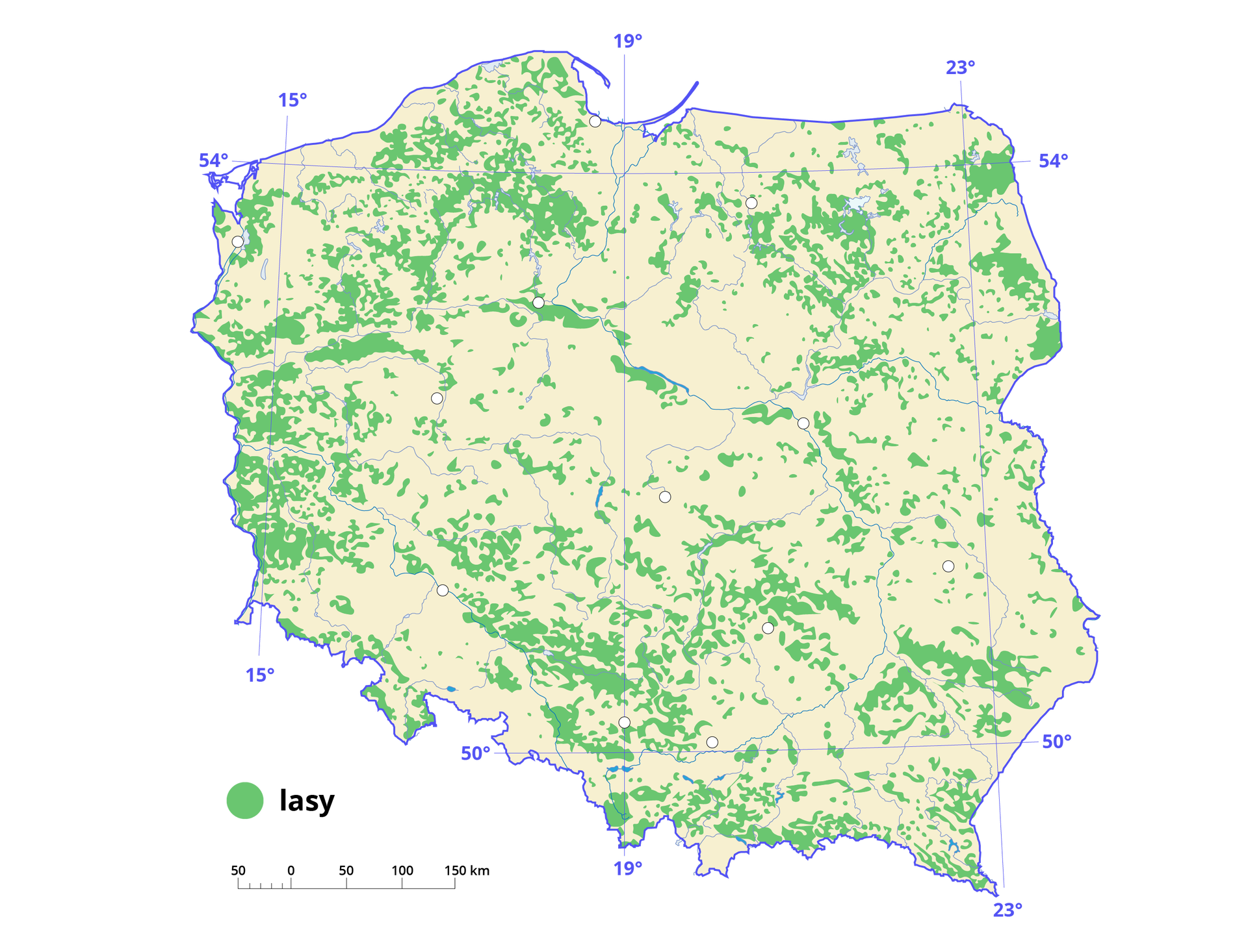 Mapa Polski prezentująca powierzchnię lasów w dwudziestym pierwszym wieku. Kontury państwa oznaczono kolorem granatowym, lasy kolorem zielonym, obszary niezalesione kolorem kremowym. Większość powierzchni to obszary niezalesione. Najmniejsze zalesienie w centralnej części, największe na zachodzie.