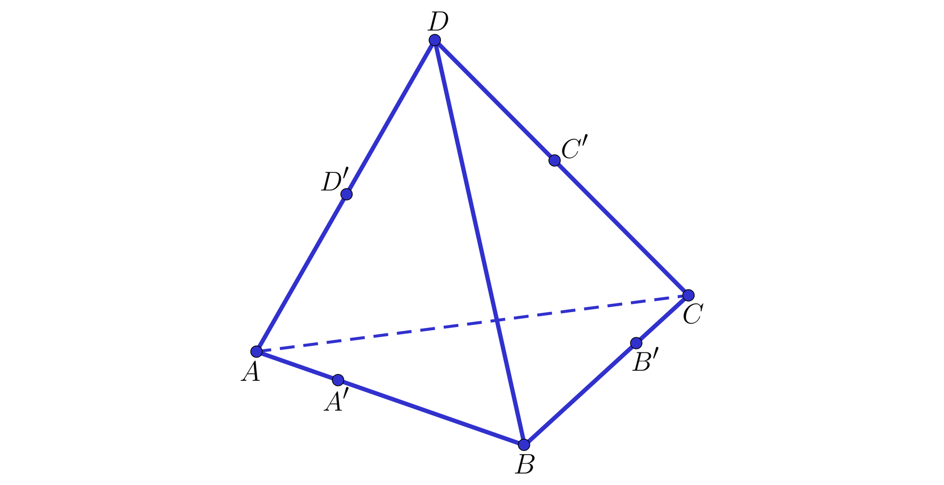 Grafika przedstawia czworokąt, którego wierzchołki to A, B, C oraz D. Na krawędzi AB zaznaczono punkt A prim. Na krawędzi BC zaznaczono punkt B prim. Na krawędzi AD zaznaczono punkt d prim, a na krawędzi CD zaznaczono punkt C prim.