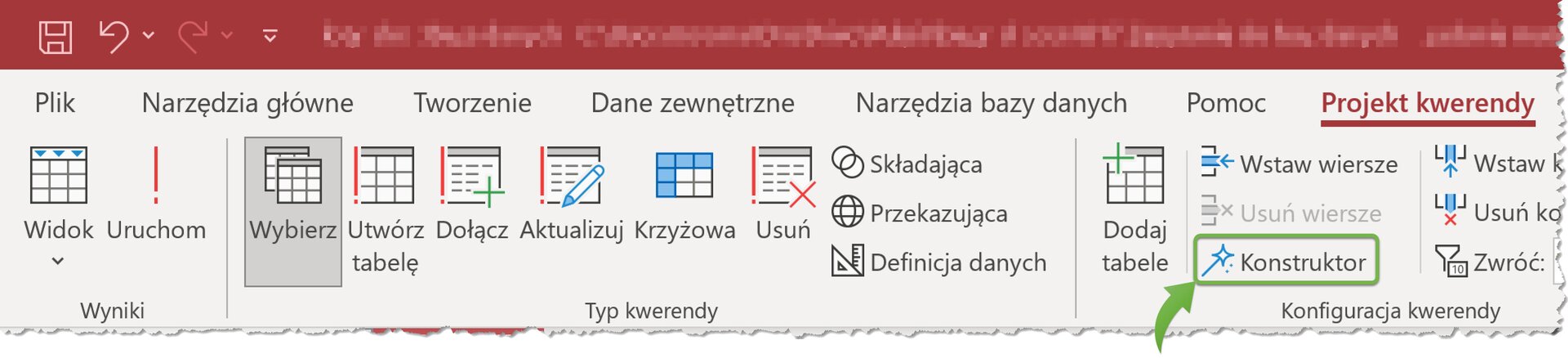 Ilustracja przedstawia pasek narzędzi. Zaznaczono opcję Konstruktor.  