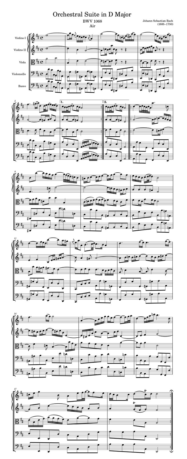 Grafika przedstawia partyturę utworu „Aria na strunie G” z Suity orkiestrowej D‑dur nr 3, BWV 1068 autorstwa Jana Sebastiana Bacha. Utwór jest napisany w metrum cztery czwarte, w tonacji D‑dur. W partyturze jest pięć partii: pierwszych i drugich skrzypiec, zapisane w kluczu wiolinowym, altówki, zapisana w kluczu altowym oraz wiolonczeli i kontrabasu, zapisane w kluczu basowym. W partii pierwszych skrzypiec w pierwszym takcie grana jest cała nuta fis, przedłużona do taktu kolejnego. W takcie drugim na pierwszą miarę zapisano ósemkę fis, przedłużoną z taktu poprzedniego, a następnie szesnastki h oraz g. Na drugą miarę wykonywana jest przednutka fis, a następnie szesnastki e, d, cis oraz d; na trzecią miarę zapisano ćwierćnutę cis, a na miarę czwartą przednutkę h oraz ćwierćnutę a. W takcie trzecim na pierwsze dwie miary grana jest półnuta a, przedłużona o szesnastkę na trzecią miarę, a następnie szesnastki fis, c oraz h, z czego te dwie ostatnie z artykulacją legato. Na miarę czwartą zapisano szesnastki e i dis oraz a i g jako dwie frazy. W takcie czwartym na pierwszą miarę grana jest półnuta g, przedłużona o szesnastkę na trzecią miarę; dalej wykonywane są szesnastki e, h oraz a, z czego te dwie ostatnie z artykulacją staccato. Na miarę czwartą zapisano szesnastki d i cis oraz g i fis jako dwie frazy. W partii drugich skrzypiec w pierwszym takcie grana jest cała nuta fis, przedłużona do taktu kolejnego. W takcie drugim na pierwszą miarę zapisano ćwierćnutę fis, przedłużoną z taktu poprzedniego; na drugą miarę grana jest ćwierćnuta h, a na miary trzecią oraz czwartą półnuta a, przedłużona do taktu kolejnego. W takcie trzecim na pierwszą miarę zapisano ósemkę a, przedłużoną z poprzedniego taktu, a następnie dwie szesnastki: c oraz h. Na drugą miarę grana jest ósemka c oraz szesnastki a i c, a na miarę trzecią ósemka h. Dalej zapisano pauzę ósemkową, a na miarę czwartą pauzę ćwierćnutową. W takcie czwartym na pierwszą miarę grana jest ósemka h oraz szesnastki e i d, na drugą miarę szesnastki e, fis, g oraz e, natomiast na miarę trzecią ósemka a. Dalej zapisano pauzę ósemkową, a na miarę czwartą pauzę ćwierćnutową. W partii altówki w pierwszym takcie na pierwsze dwie miary grana jest półnuta a, natomiast na miary trzecią oraz czwartą półnuta h. W takcie drugim na pierwszą miarę grana jest ćwierćnuta h, na miarę drugą ćwierćnuta e, natomiast na miary trzecią i czwartą półnuta e, przedłużona do kolejnego taktu. W trzecim takcie na pierwszą miarę zapisano ósemkę e, przedłużoną z taktu poprzedniego, a dalej ósemkę dis, przedłużoną o kolejną ósemkę na miarę drugą oraz ósemkę e. Na trzecią miarę wykonywana jest ósemka fis. Dalej zapisano pauzę ósemkową, a na miarę czwartą pauzę ćwierćnutową. W takcie czwartym na pierwszą miarę grana jest ósemka e, a następnie ósemka h, przedłużona o kolejną ósemkę na miarę drugą; następnie zapisano ósemkę e, a na miarę trzecią ósemkę e oraz pauzę ósemkową. Na miarę czwartą pauzę ćwierćnutową. W partii wiolonczeli w pierwszym takcie na pierwszą miarę grane są ósemki d oraz d oktawę wyżej, na miarę drugą ósemki cis oraz cis oktawę niżej, na trzecią miarę ósemki h oraz h oktawę wyżej, na miarę czwartą ósemki a oraz ponownie a oktawę niżej. W takcie drugim na pierwszą miarę grane są ósemki g oraz g oktawę wyżej, następnie na drugą miarę ósemki gis oraz gis oktawę niżej, na miarę trzecią ósemki a oraz a oktawę wyżej, a na miarę czwartą ósemki g oraz g oktawę niżej. W takcie trzecim na pierwszą miarę zapisano ósemki fis oraz ponownie fis o oktawę wyżej, na miarę drugą ósemki e oraz ponownie e oktawę niżej, na trzecią miarę ósemki dis oraz ponownie dis o oktawę wyżej, natomiast na miarę czwartą ósemki h oraz h o oktawę wyżej. W takcie czwartym na pierwszą miarę grane są ósemki e oraz e o oktawę wyżej, na miarę drugą ósemki d oraz d o oktawę niżej, na trzecią miarę ósemki cis oraz cis o oktawę wyżej, a na miarę czwartą ósemki a oraz a o oktawę wyżej. W partii kontrabasu w pierwszym takcie na pierwszą miarę grane są ósemki d oraz d oktawę wyżej, na miarę drugą ósemki cis oraz cis oktawę niżej, na trzecią miarę ósemki h oraz h oktawę wyżej, na miarę czwartą ósemki a oraz ponownie a oktawę niżej. W takcie drugim na pierwszą miarę grane są ósemki g oraz g oktawę wyżej, następnie na drugą miarę ósemki gis oraz gis oktawę niżej, na miarę trzecią ósemki a oraz a oktawę wyżej, a na miarę czwartą ósemki g oraz g oktawę niżej. W takcie trzecim na pierwszą miarę zapisano ósemki fis oraz ponownie fis o oktawę wyżej, na miarę drugą ósemki e oraz ponownie e oktawę niżej, na trzecią miarę ósemki dis oraz ponownie dis o oktawę wyżej, natomiast na miarę czwartą ósemki h oraz h o oktawę wyżej. W takcie czwartym na pierwszą miarę grane są ósemki e oraz e o oktawę wyżej, na miarę drugą ósemki d oraz d o oktawę niżej, na trzecią miarę ósemki cis oraz cis o oktawę wyżej, a na miarę czwartą ósemki a oraz a o oktawę wyżej. W partii pierwszych skrzypiec w piątym takcie na pierwszą miarę grana jest ćwierćnuta z kropką fis, a następnie szesnastki gis oraz a jako jedna fraza. Na trzecią miarę wykonywana jest ósemka d, a dalej trzydziestkodwójki d oraz e i szesnastka fis, przedłużona na czwartą miarę o szesnastkę. Następnie zapisano szesnastki e, ponownie e oraz d, z czego dwie ostatnie z artykulacją legato. W szóstym takcie na pierwszą miarę grane są dwie szesnastki: cis oraz h, następnie trzydziestkodwójki h oraz cis oraz szesnastka d, przedłużona o ósemkę na drugą miarę. Dalej zapisano szesnastki cis oraz h, a na miary trzecią oraz czwartą półnutę a. Nad taktem szóstym zapisano pierwszą woltę, a po takcie zakończenie repetycji. W takcie siódmym na pierwszą miarę grane są dwie szesnastki: cis oraz h, następnie trzydziestkodwójki h oraz cis oraz szesnastka d, przedłużona o ósemkę na drugą miarę. Dalej zapisano szesnastki cis oraz h, a na miary trzecią oraz czwartą półnutę a. Nad taktem siódmym zapisano drugą woltę. W takcie ósmym na pierwszą miarę grana jest ćwierćnuta cis, przedłużona o szesnastkę na drugą miarę, a następnie trzydziestkodwójki d, cis, h oraz cis i szesnastka a. Na trzecią miarę grana jest ćwierćnuta z kropką a, po której zapisano ósemkę c. W partii drugich skrzypiec w piątym takcie na pierwszą miarę grana jest półnuta a, przedłużona o ósemkę na miarę trzecią, a dalej szesnastki gis oraz a; na miarę czwartą wykonywane są ósemki h oraz g. W takcie szóstym na pierwszą miarę grane są dwie ósemki a, z czego druga przedłużona jest o ósemkę na drugą miarę; dalej zapisano ósemkę gis, a na miary trzecią oraz czwartą półnutę e. Nad taktem szóstym zapisano pierwszą woltę, a po takcie zakończenie repetycji. W takcie siódmym na pierwszą miarę grane są dwie ósemki a, z czego druga przedłużona jest o ósemkę na drugą miarę; dalej zapisano ósemkę gis, a na miary trzecią oraz czwartą półnutę e. Nad taktem siódmym zapisano drugą woltę. W ósmym takcie na pierwsze dwie miary grana jest półnuta a, przedłużona o szesnastkę na trzecią miarę, a następnie szesnastka h oraz ósemka c, przedłużona o szesnastkę na miarę czwartą. Dalej zapisano szesnastki h, a oraz g. W partii altówki w piątym takcie na pierwszą miarę grana jest ćwierćnuta z kropką d, a następnie ósemka e. Na trzecią miarę wykonywane są ósemki fis oraz d, a na miarę czwartą ósemki h oraz e, z czego ta druga przedłużona jest do kolejnego taktu. W szóstym takcie na pierwszą miarę zapisano ósemkę e, przedłużoną z taktu poprzedniego, a następnie ósemkę fis. Na drugą miarę grane są ósemki h oraz e, natomiast na miary trzecią oraz czwartą półnuta cis. Nad taktem szóstym zapisano pierwszą woltę, a po takcie zakończenie repetycji. W takcie siódmym na pierwszą miarę zapisano ósemkę e, przedłużoną z taktu poprzedniego, a następnie ósemkę fis. Na drugą miarę grane są ósemki h oraz e, natomiast na miary trzecią oraz czwartą półnuta cis. Nad taktem siódmym zapisano drugą woltę. W takcie ósmym na pierwsze dwie miary zapisano półnutę e, przedłużoną o ósemkę na miarę trzecią; dalej grane są szesnastki dis oraz e, a na miarę czwartą ćwierćnuta fis, przedłużona do kolejnego taktu. W partii wiolonczeli w piątym takcie na pierwszą miarę grane są ósemki d oraz d oktawę wyżej, na miarę drugą ósemki cis oraz cis oktawę niżej, na trzecią miarę ósemki h oraz h oktawę wyżej, a na miarę czwartą ósemki gis oraz e. W takcie szóstym na pierwszą miarę grane są ósemki a oraz d, na miarę drugą ósemki e oraz e oktawę niżej, a na miarę trzecią i czwartą jako jedna fraza szesnastki: na trzecią miarę a, h, cis oraz d, natomiast na miarę czwartą e, g, fis oraz e. Nad taktem szóstym zapisano pierwszą woltę, a po takcie zakończenie repetycji. W takcie siódmym na pierwszą miarę grane są ósemki a oraz d, na miarę drugą ósemki e oraz e oktawę niżej, natomiast na miary trzecią i czwartą półnuta a. Nad taktem siódmym zapisano drugą woltę. W takcie ósmym na pierwszą miarę zapisano ósemki a oraz a oktawę wyżej, na miarę drugą ósemki g oraz g oktawę niżej, na trzecią miarę ósemki fis oraz fis oktawę wyżej, natomiast na miarę czwartą ósemki e oraz e oktawę niżej. W partii kontrabasu w piątym takcie na pierwszą miarę grane są ósemki d oraz d oktawę wyżej, na miarę drugą ósemki cis oraz cis oktawę niżej, na trzecią miarę ósemki h oraz h oktawę wyżej, a na miarę czwartą ósemki gis oraz e. W takcie szóstym na pierwszą miarę grane są ósemki a oraz d, na miarę drugą ósemki e oraz e oktawę niżej, a na miarę trzecią i czwartą jako jedna fraza szesnastki: na trzecią miarę a, h, cis oraz d, natomiast na miarę czwartą e, g, fis oraz e. Nad taktem szóstym zapisano pierwszą woltę, a po takcie zakończenie repetycji. W takcie siódmym na pierwszą miarę grane są ósemki a oraz d, na miarę drugą ósemki e oraz e oktawę niżej, natomiast na miary trzecią i czwartą półnuta a. Nad taktem siódmym zapisano drugą woltę. W takcie ósmym na pierwszą miarę zapisano ósemki a oraz a oktawę wyżej, na miarę drugą ósemki g oraz g oktawę niżej, na trzecią miarę ósemki fis oraz fis oktawę wyżej, natomiast na miarę czwartą ósemki e oraz e oktawę niżej. W partii pierwszych skrzypiec w ósmym takcie na pierwszą miarę grana jest ósemka h oraz ósemka h oktawę wyżej, przy czym ta druga jest przedłużona na miarę drugą o szesnastkę. Dalej zapisano szesnastki a, g oraz fis. Na trzecią miarę grana jest ćwierćnuta g, przedłużona o trzydziestkodwójkę na czwartą miarę, a następnie jako jedna fraza trzy trzydziestkodwójki: fis, e oraz d, po którym wykonywane są jeszcze szesnastki cis oraz h. W takcie dziewiątym na pierwszą miarę grane są szesnastki ais oraz h, a następnie óśemka cis, przedłużona o szesnastkę na drugą miarę. Dalej zapisano szesnastkę d ora ósemkę e, przedłużoną o szesnastkę na miarę trzecią, po której wykonywana jest szesnastka fis oraz ósemka g, przedłużona o kolejną ósemką na czwartą miarę. Na koniec taktu zapisano ósemkę fis. W takcie dziesiątym na pierwszą miarę grane są szesnastki e, d, cis oraz h, na miarę drugą jako jedna fraza szesnastka cis, trzydziestkodwójki d oraz e i na koniec ósemka d. Na miary trzecią oraz czwartą grana jest półnuta h. Przed ósmym taktem zapisano początek repetycji. W partii drugich skrzypiec w ósmym takcie na pierwszą miarę grana jest ćwierćnuta z kropką fis, a dalej ósemka dis. Na miary trzecią oraz czwartą wykonywana jest półnuta e, przedłużona do kolejnego taktu. W takcie dziewiątym na pierwsze dwie miary zapisano półnutę e, przedłużoną z poprzedniego taktu i przedłużoną o szesnastkę na miarę trzecią. Dalej grane są szesnastki d, cis oraz h, a na czwartą miarę szesnastki ais i h oraz ósemka cis. W takcie dziesiątym na pierwszą miarę grane są dwie ósemki h, na miarę drugą ósemki h raz ais, natomiast na miary trzecią oraz czwartą półnuta fis. Przed ósmym taktem zapisano początek repetycji. W partii altówki w ósmym takcie na pierwszą miarę grana jest szesnastka fis, przedłużona z taktu poprzedniego, a następnie szesnastki g, a oraz fis. Na drugą miarę zapisano ósemki dis oraz h, na miarę trzecią ćwierćnutę h, natomiast na miarę czwartą ćwierćnutę h oktawę niżej. W dziewiątym takcie na pierwszą miarę grane są jako jedna fraza cztery szesnastki: cis, d, e oraz fis, na miarę drugą jako jedna fraza szesnastki g, fis, g oraz e, na trzecią miarę ósemka fis oraz szesnastki e i d, a na miarę czwartą ósemki cis oraz fis. W takcie dziesiątym na pierwsza miarę grana jest ósemka fis oraz szesnastki e i d, na miarę drugą ósemka g oraz szesnastki fis i e, natomiast na miary trzecią oraz czwartą półnuta d. Przed ósmym taktem zapisano początek repetycji. W partii wiolonczeli w ósmym takcie na pierwszą miarę grane są ósemki dis oraz ponownie dis oktawę wyżej, na miarę drugą ósemki fis oraz h, na trzecią miarę ósemki e oraz e oktawę wyżej, natomiast na miarę czwartą ósemki d oraz d oktawę niżej. W dziewiątym takcie na pierwszą miarę zapisano ósemki cis oraz cis oktawę wyżej, na miarę drugą ósemki h oraz h oktawę niżej, na trzecią miarę ósemki ais oraz h, natomiast na miarę czwartą ósemki cis oraz a. W dziesiątym takcie na pierwszą miarę grane są ósemki h oraz g, na druga miarę ósemki e oraz fis, na trzecią miarę ósemki g oraz h oktawę wyżej, a na miarę czwartą ósemki a oraz a oktawę niżej. Przed ósmym taktem zapisano początek repetycji. W partii kontrabasu w ósmym takcie na pierwszą miarę grane są ósemki dis oraz ponownie dis oktawę wyżej, na miarę drugą ósemki fis oraz h, na trzecią miarę ósemki e oraz e oktawę wyżej, natomiast na miarę czwartą ósemki d oraz d oktawę niżej. W dziewiątym takcie na pierwszą miarę zapisano ósemki cis oraz cis oktawę wyżej, na miarę drugą ósemki h oraz h oktawę niżej, na trzecią miarę ósemki ais oraz h, natomiast na miarę czwartą ósemki cis oraz a. W dziesiątym takcie na pierwszą miarę grane są ósemki h oraz g, na druga miarę ósemki e oraz fis, na trzecią miarę ósemki g oraz h oktawę wyżej, a na miarę czwartą ósemki a oraz a oktawę niżej. Przed ósmym taktem zapisano początek repetycji. W partii pierwszych skrzypiec w jedenastym takcie na pierwszą miarę grana jest ćwierćnuta d, przedłużona o szesnastkę na drugą miarę, a następnie szesnastki fis, e oraz d. Na trzecią miarę zapisano ćwierćnutę h, przedłużoną o ósemkę na miarę czwartą, a dalej szesnastki a oraz gis. W takcie dwunastym na pierwszą miarę grana jest przednutka fis, szesnastki e i a oraz ósemka a oktawę niżej, na drugą miarę jako jedna fraza ósemka z kropką h oraz trzydziestkodwójki cis i d, na trzecią miarę ósemka z kropką cis oraz szesnastka h, a na miarę czwartą ćwierćnuta a. W trzynastym takcie na pierwszą miarę grana jest ćwierćnuta z kropką d, dalej szesnastki fis i e z artykulacją legato, na trzecią miarę ćwierćnuta z kropką e, a dalej szesnastki g oraz fis z artykulacją legato. W partii drugich skrzypiec w jedenastym takcie na pierwszą miarę grana jest ćwierćnuta e, na miarę drugą ćwierćnuta fis, na trzecią miarę ósemka h oraz szesnastki e oraz fis, a na miarę czwartą szesnastki gis i a oraz ósemka h, przedłużona do kolejnego taktu. W dwunastym takcie na pierwszą miarę zapisano ósemkę h, przedłużoną z poprzedniego taktu, następnie ćwierćnutę a oraz ósemkę gis, a na miary trzecią oraz czwartą półnutę a, przedłużoną do kolejnego taktu. W trzynastym takcie na pierwszą miarę grana jest ósemka a, przedłużona z taktu poprzedniego, a następnie szesnastki h oraz c. Na miarę drugą wykonywane są szesnastki h oraz cis oraz ósemka d, przedłużona o ósemkę na miarę trzecią, a następnie szesnastki cis oraz dis i ósemka e, przedłużona do kolejnego taktu. W partii altówki w jedenastym takcie na pierwszą miarę grane są ósemki h oraz h oktawę wyżej, na miarę drugą szesnastki a oraz gis i ósemka a, na trzecią miarę ósemka z kropką gis oraz szesnastka fis, a na miarę czwartą ćwierćnuta e, przedłużona do kolejnego taktu. W dwunastym takcie na pierwszą miarę zapisano ósemkę e, przedłużoną z poprzedniego taktu, następnie ponownie ósemkę e, na miarę drugą ósemki fis oraz e, na trzecią miarę ósemkę z kropką e oraz szesnastkę d, natomiast na miarę czwartą szesnastki cis, d, e oraz cis. W takcie trzynastym na pierwszą miarę grana jest ósemka a oraz ćwierćnuta d, dalej ósemka h, przedłużona na trzecią miarę o kolejną ósemkę, a następnie ćwierćnuta e oraz ósemka cis, przedłużona do kolejnego taktu. W partii wiolonczeli w jedenastym takcie na pierwszą miarę grane są ósemki gis oraz gis oktawę wyżej, na miarę drugą ósemki fis oraz fis oktawę niżej, na trzecią miarę ósemki e oraz e oktawę wyżej, a na miarę czwartą ósemki d oraz d oktawę niżej. W dwunastym takcie na pierwszą miarę grane są ósemki cis oraz cis oktawę wyżej, na miarę drugą ósemki d oraz e, na trzecią miarę ósemki a oraz a oktawę wyżej, natomiast na miarę czwartą ósemki g oraz g oktawę niżej. W takcie trzynastym na pierwszą miarę zapisano ósemki fis oraz fis oktawę wyżej, na miarę drugą ósemki g oraz g oktawę niżej, na trzecią miarę ósemki gis oraz gis oktawę wyżej, a na miarę czwartą ósemki a oraz a oktawę niżej. W partii kontrabasu w jedenastym takcie na pierwszą miarę grane są ósemki gis oraz gis oktawę wyżej, na miarę drugą ósemki fis oraz fis oktawę niżej, na trzecią miarę ósemki e oraz e oktawę wyżej, a na miarę czwartą ósemki d oraz d oktawę niżej. W dwunastym takcie na pierwszą miarę grane są ósemki cis oraz cis oktawę wyżej, na miarę drugą ósemki d oraz e, na trzecią miarę ósemki a oraz a oktawę wyżej, natomiast na miarę czwartą ósemki g oraz g oktawę niżej. W takcie trzynastym na pierwszą miarę zapisano ósemki fis oraz fis oktawę wyżej, na miarę drugą ósemki g oraz g oktawę niżej, na trzecią miarę ósemki gis oraz gis oktawę wyżej, a na miarę czwartą ósemki a oraz a oktawę niżej. W partii pierwszych skrzypiec w czternastym takcie na pierwszą miarę grana jest ćwierćnuta z kropką fis, dalej szesnastki a oraz g z artykulacją legato; na miary trzecią oraz czwartą wykonywana jest półnuta g. W piętnastym takcie na pierwszą miarę grana jest ćwierćnuta a, przedłużona o szesnastkę na drugą miarę, a dalej szesnastki cis, e oraz g. Na trzecią miarę zapisano szesnastki g i e oraz ósemkę fis, przedłużoną o kolejną ósemkę i szesnastkę na miarę czwartą, a dalej trzydziestkodwójki g oraz a. W szesnastym takcie na pierwszą miarę grana jest ćwierćnuta d, przedłużona o szesnastkę na drugą miarę, a dalej szesnastki fis, a oraz c. Na miarę trzecią zapisano ćwierćnutę z kropką h, a następnie ósemkę d. W partii drugich skrzypiec w czternastym takcie na pierwszą miarę grana jest ósemka e, przedłużona z poprzedniego taktu, a dalej szesnastki dis oraz cis. Na drugą miarę grane są szesnastki dis oraz e i ósemka fis, przedłużona o szesnastkę na trzecią miarę, a następnie szesnastki dis, e oraz h. Na czwartą miarę zapisano ćwierćnutę e, przedłużoną do kolejnego taktu. W piętnastym takcie na pierwszą miarę zapisano szesnastkę e, przedłużoną z poprzedniego taktu, a dalej szesnastki cis, e oraz a. Na drugą miarę grane są ósemki cis oraz a, przedłużone o ósemkę na trzecią miarę, a następnie szesnastki cis oraz d. Na miarę czwartą zapisano ćwierćnutę d, przedłużoną do kolejnego taktu. W piętnastym takcie na pierwszą miarę zapisano ósemkę d, przedłużoną z taktu poprzedniego, a dalej ósemkę e. Na druga miarę grana jest ćwierćnuta fis, a na miary trzecią oraz czwartą półnuta g, przedłużona do kolejnego taktu. W partii altówki w czternastym takcie na pierwszą miarę grana jest ósemka cis, przedłużona z poprzedniego taktu, a następnie ćwierćnuta fis i ósemka dis. Na trzecią miarę zapisano ćwierćnutę h, przedłużoną o szesnastkę na czwartą miarę, a dalej szesnastki h o oktawę wyżej, h oraz e. W takcie piętnastym na pierwszą miarę grane są ósemki a oraz g, na miarę drugą ósemki fis ora e, na trzecią miarę ćwierćnuta d, a na miarę czwartą ćwierćnuta a, przedłużona do kolejnego taktu. W takcie szesnastym na pierwszą miarę zapisano ósemkę a, przedłużoną z taktu poprzedniego, a dalej ósemkę g. Na drugą miarę grana jest ćwierćnuta a, natomiast na miary trzecią oraz czwartą półnuta d. W partii wiolonczeli w czternastym takcie na pierwszą miarę grane są ósemki ais oraz ponownie ais oktawę wyżej, na miarę drugą ósemki h oraz h oktawę niżej, na trzecią miarę ósemki e oraz e oktawę wyżej, a na miarę czwartą ósemki d oraz d oktawę niżej. W takcie piętnastym na pierwsza miarę grane są ósemki cis oraz cis oktawę wyżej, na miarę drugą ósemki a oraz cis, na trzecią miarę ósemki d oraz d oktawę niżej, a na miarę czwartą ósemki c oraz c oktawę wyżej. W szesnastym takcie na pierwszą miarę grane są ósemki h oraz h oktawę niżej, na drugą miarę ósemki a oraz a oktawę wyżej, na trzecią miarę ósemki g oraz g oktawę niżej, a na miarę czwartą ósemki fis oraz fis oktawę wyżej. W partii kontrabasu w czternastym takcie na pierwszą miarę grane są ósemki ais oraz ponownie ais oktawę wyżej, na miarę drugą ósemki h oraz h oktawę niżej, na trzecią miarę ósemki e oraz e oktawę wyżej, a na miarę czwartą ósemki d oraz d oktawę niżej. W takcie piętnastym na pierwsza miarę grane są ósemki cis oraz cis oktawę wyżej, na miarę drugą ósemki a oraz cis, na trzecią miarę ósemki d oraz d oktawę niżej, a na miarę czwartą ósemki c oraz c oktawę wyżej. W szesnastym takcie na pierwszą miarę grane są ósemki h oraz h oktawę niżej, na drugą miarę ósemki a oraz a oktawę wyżej, na trzecią miarę ósemki g oraz g oktawę niżej, a na miarę czwartą ósemki fis oraz fis oktawę wyżej. W partii pierwszych skrzypiec w siedemnastym takcie na pierwszą miarę grane są szesnastki cis i e oraz ćwierćnuta g, a następnie ósemka h. Na miarę trzecią zapisano ósemkę a, szesnastkę e oraz trzydziestkodwójki fis i g, z czego ta druga przedłużona jest na czwartą miarę o szesnastkę. Dalej grane są ósemka fis oraz szesnastka e. W takcie osiemnastym na pierwszą miarę grane są trzydziestkodwójki d oraz cis, ósemka h oraz szesnastka cis. Na miarę drugą grana jest ósemka d jako jedna fraza z szesnastką cis, nad którą zapisano tryl. Dalej wykonywana jest szesnastka d, a na miary trzecią oraz czwartą półnuta d. Po osiemnastym takcie zapisano koniec repetycji oraz fermatę. W partii drugich skrzypiec w siedemnastym takcie na pierwszą miarę grana jest ósemka g, przedłużona z poprzedniego taktu oraz ósemka h. Na miarę drugą grana jest ćwierćnuta e, przedłużona o szesnastkę na trzecią miarę, a następnie szesnastki d, cis oraz h. Na czwartą miarę zapisano ósemki a oraz h. W takcie osiemnastym na pierwszą miarę grana jest ćwierćnuta a, na miarę drugą jako jedna fraza szesnastki g i fis oraz ósemka g, z czego nad pierwszą zapisano tryl, a na miary trzecią oraz czwartą półnutę fis. Po osiemnastym takcie zapisano koniec repetycji oraz fermatę. W partii altówki w siedemnastym takcie na pierwszą miarę grana jest fraza, złożona z czterech szesnastek: e, h, e oraz g, na miarę drugą ponownie fraza szesnastkowa: h, a, g oraz fis. Na trzecią miarę zapisano ósemkę e oraz ósemkę a, przedłużoną o kolejną ósemkę na czwartą miarę, a dalej ósemkę g. W osiemnastym takcie na pierwszą miarę grana jest ćwierćnuta fis, na miarę drugą ósemki e oraz a, a na miary trzecią oraz czwartą półnuta a. Po osiemnastym takcie zapisano koniec repetycji oraz fermatę. W partii wiolonczeli w siedemnastym takcie na pierwszą miarę grane są ósemki e oraz e oktawę niżej, na miarę drugą ósemki d oraz d oktawę wyżej, na trzecią miarę ósemki cis oraz a, na miarę czwartą ósemki d oraz g. W osiemnastym takcie na pierwszą miarę zapisano ósemki a oraz g, na miarę drugą ósemki a oraz a oktawę niżej, a na miary trzecią oraz czwartą półnutę d. Po osiemnastym takcie zapisano koniec repetycji oraz fermatę. W partii kontrabasu w siedemnastym takcie na pierwszą miarę grane są ósemki e oraz e oktawę niżej, na miarę drugą ósemki d oraz d oktawę wyżej, na trzecią miarę ósemki cis oraz a, na miarę czwartą ósemki d oraz g. W osiemnastym takcie na pierwszą miarę zapisano ósemki a oraz g, na miarę drugą ósemki a oraz a oktawę niżej, a na miary trzecią oraz czwartą półnutę d. Po osiemnastym takcie zapisano koniec repetycji oraz fermatę.