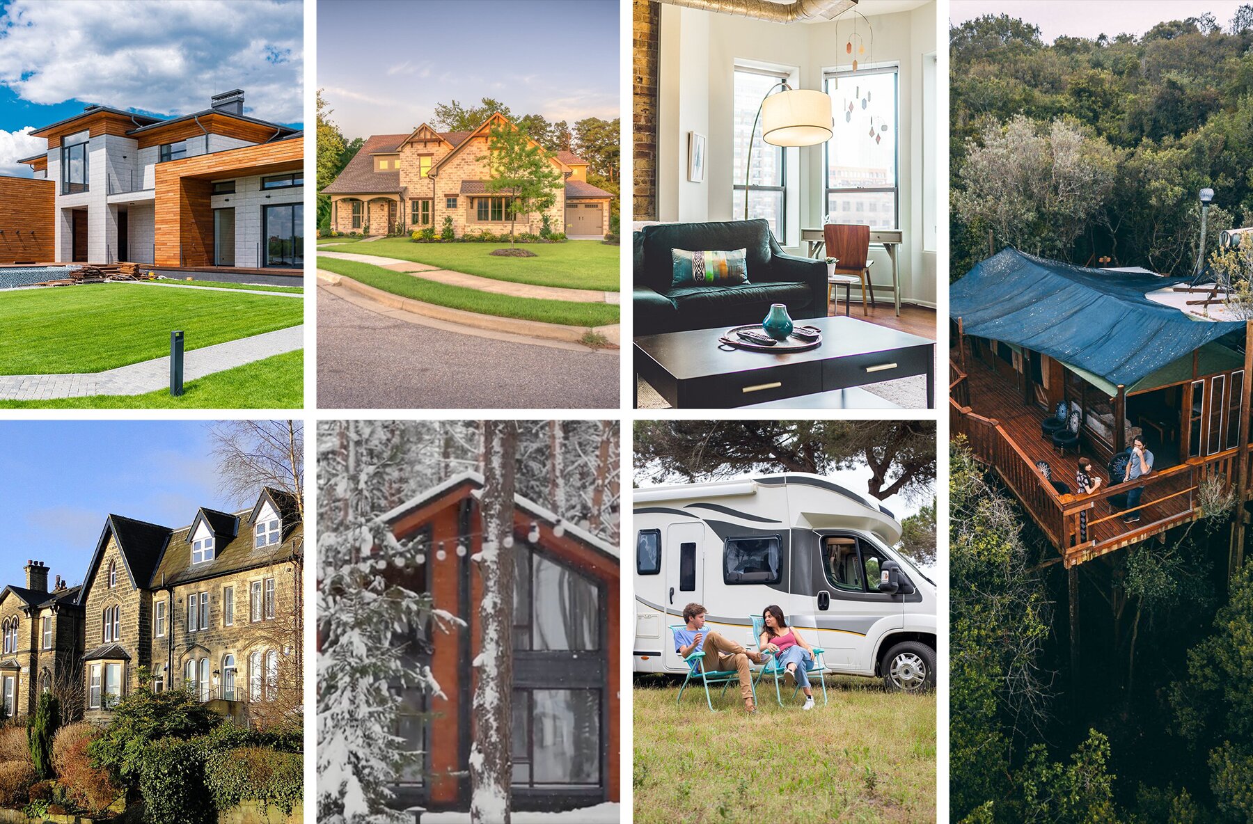 Grafika przedstawia kolaż siedmiu zdjęć ukazujących różne typy miejsc do mieszkania. Pierwsze zdjęcie przedstawia nowoczesny dom otoczony trawnikiem. Drugie zdjęcie przedstawia duży dom jednorodzinny z cegły, trzecie zdjęcie pokazuje wnętrze salonu z sofą z poduszką, ława na której stoi taca a na niej świeczka. Za sofą stoi wysoka lampa a w tle pod oknem stoją biurko i krzesło. Czwarte zdjęcie ukazuje typowe angielskie domy szeregowe. Piąte zdjęcie pokazuje chatkę w środku lasu w zimie. Szóste zdjęcie ukazuje dwoje ludzi siedzących na składanych krzesełkach, a za nimi stoi kamper. Ostatnie zdjęcie przedstawia drewniany dom na drzewie zbudowany na palach. Dom posiada taras, na którym stoją mężczyzna i kobieta pijący kawę z kubków. Transkrypcja nagrań znajduje się poniżej.