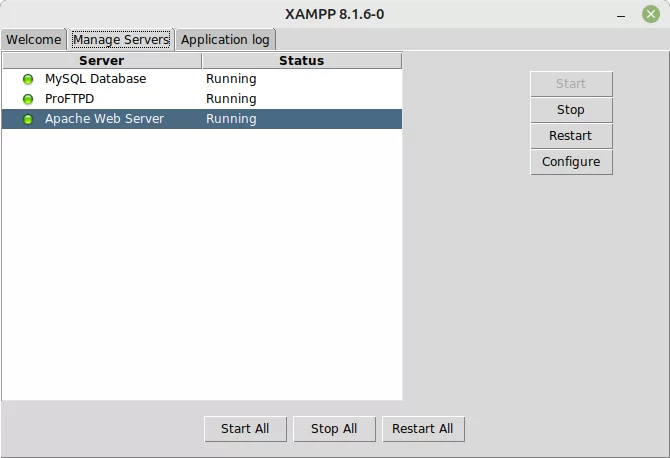 Na ilustracji jest XAMPP Control Panel w systemie Linux. Wybrano zakładkę Manage Servers. Z listy wybrano Apache Web Server running. Po prawej stronie przyciski Stop, Restart, Configure. Na dole przyciski Start All, Stop All, Restart All.