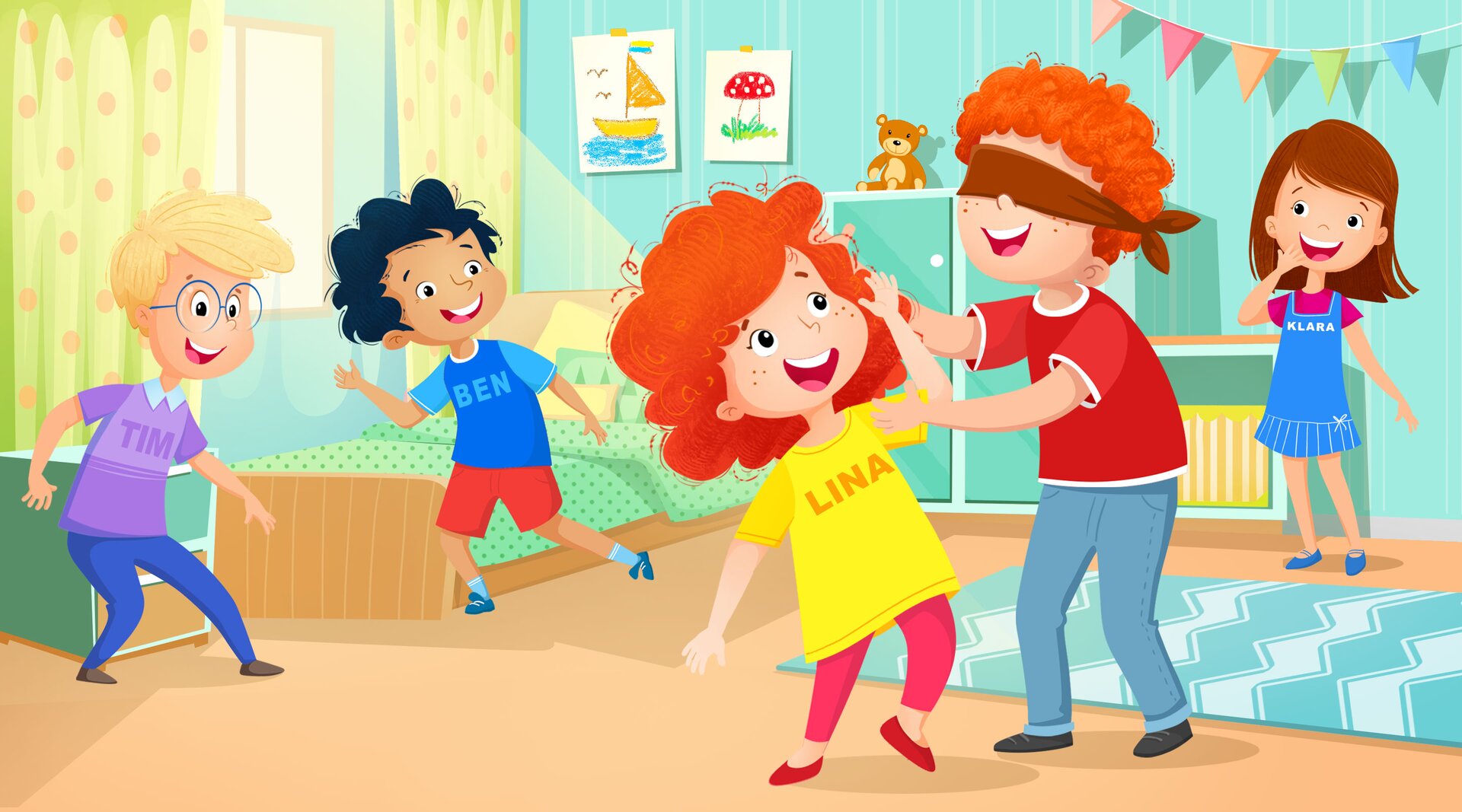 Ilustracja przedstawia bawiące się dzieci. Jeden z chłopców ma zasłonięte oczy.