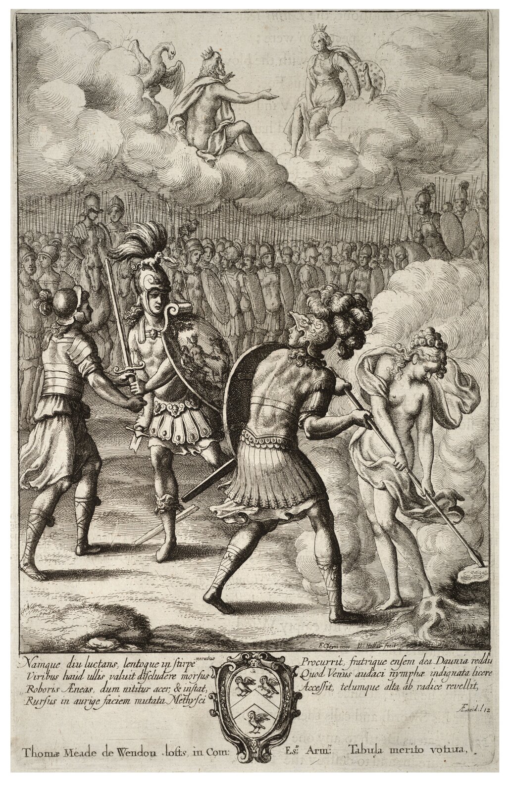 Ilustracja przedstawia „Ostatnią walkę Eneasza z Turnusem”, której autorem jest Wenceslaus Hollar. Ilustracja wykonana jest czarnym narzędziem pisarskim na białym tle. Na pierwszym planie znajdują się 4 postacie. Postać z lewej strony ma na sobie krótką zbroję, hełm i sandały. Postać obok niej ma na sobie krótką zbroję, hełm z pióropuszem i buty nad kostkę. Na lewym ramieniu ma okrągłą tarczę. W prawej dłoni trzyma złamany miecz, a w lewej cały miecz. Postać na środku ma na sobie krótką zbroję, hełm z pióropuszem i buty nad kostkę. Na lewym ramieniu ma okrągłą tarczę. W rękach trzyma dzidę, która wbita jest w pień. Z prawej strony stoi półnaga kobieta o długich, kręconych włosach. Jest przesłonięta szatą. W rękach trzyma tą samą dzidę. Na drugim planie znajduje się wiele postaci. Są uzbrojeni. W tle obrazu są chmury, na których są 2 osoby i 2 ptaki. Po lewej stronie jest orzeł z opuszczoną głową i mężczyzna w koronie. Po prawej stronie jest kobieta w długiej sukni i koronie oraz paw z rozpostartym ogonem. Pod ilustracją znajduje się długi podpis oraz herb z 3 ptakami.