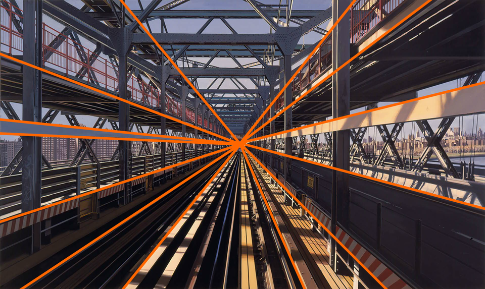 Ilustracja przedstawia czternaście rzutów na obraz ukazujący most kolejowy. Na obrazie naniesiono pomarańczowe linie, które zbiegają się w centrum obrazu. Głównym punktem obrazu są szyny kolejowe ginące w oddali, otoczone są balustradami, stalowymi wspornikami i belkami. Po prawej stronie asfaltowa droga, wyżej stalowe kładki dla pieszych. W oddali panorama miasta.