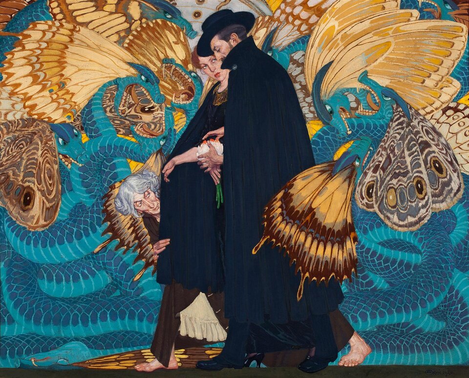 Obraz przedstawia idących obok siebie mężczyznę i kobietę. Są osłonięci peleryną mężczyzny. Trzyma on w rękach duży, biały bukiet kwiatów. Wokół pary wiją się niebieskie węże ze skrzydłami motyli. Zza pary wyłania się staruszka z twarzą ze zmarszczkami oraz siwymi włosami.