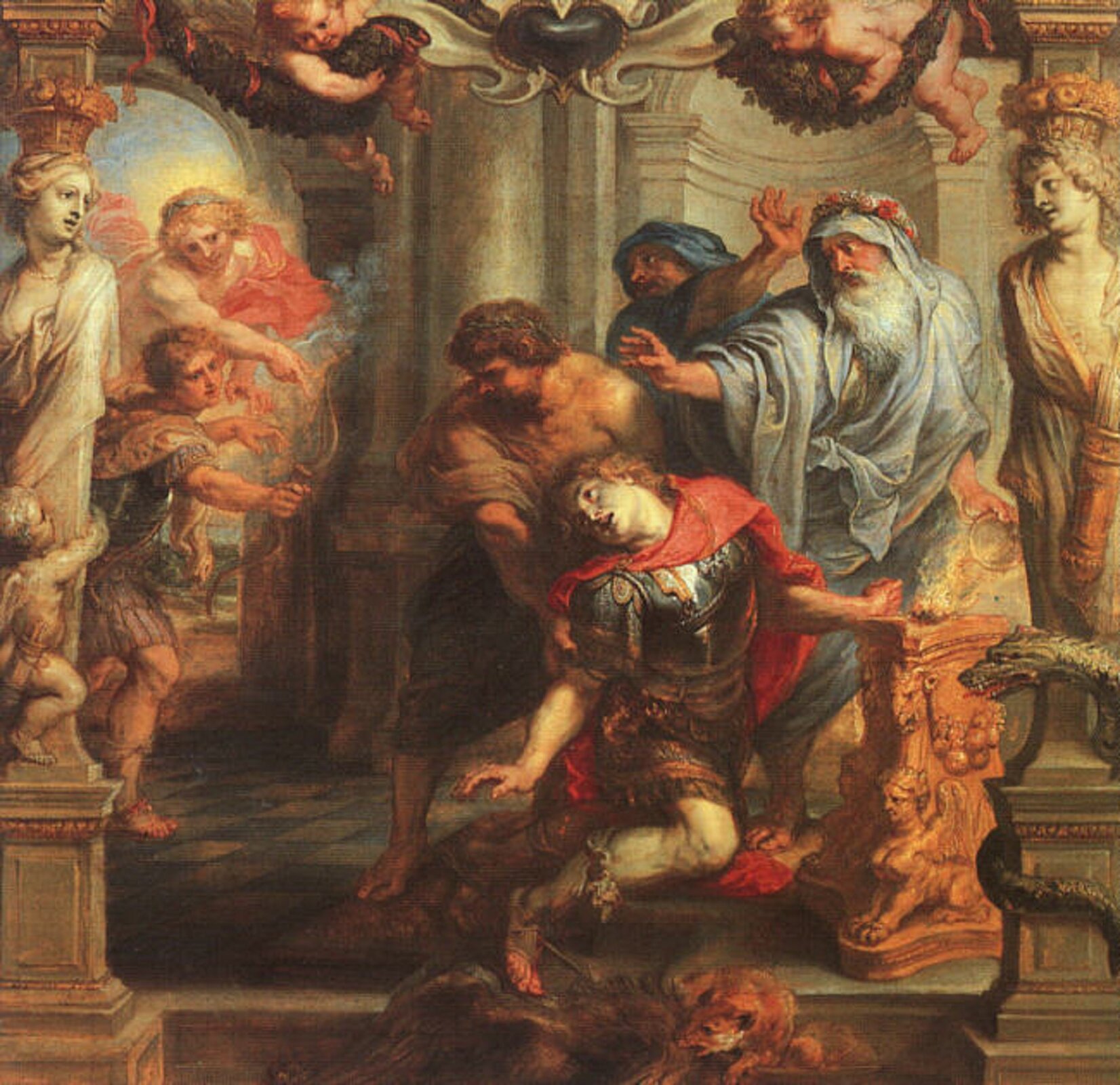 Ilustracja przedstawia dzieło P. P. Rubensa pt. "Śmierć Achillesa". Na ilustracji widać Achillesa z przebitą strzałą piętą. Upada, podtrzymywany jest przez innego wojownika. Ubrany jest w zbroję. Za nim stoi jeszcze dwóch mężczyzn, z wyciągniętymi rękoma do przodu. Z tyłu obrazu stoi Parys z wycelowanym łukiem. Obok niego widać kobietę, która wskazuje mu palcem piętę Achillesa. Scena rozgrywa się w pomieszczeniu, Achilles znajduje się między dwiema kolumnami, kariatydami, spoglądającymi na niego.