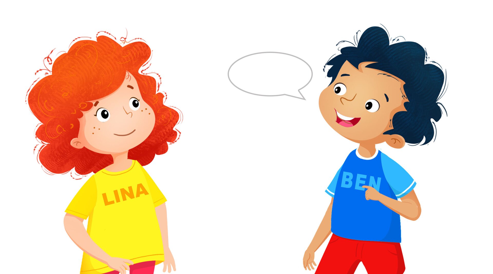 Na ilustracji znajduje się chłopiec i dziewczynka z rudymi włosami. Chłopiec mówi Ja jestem....
