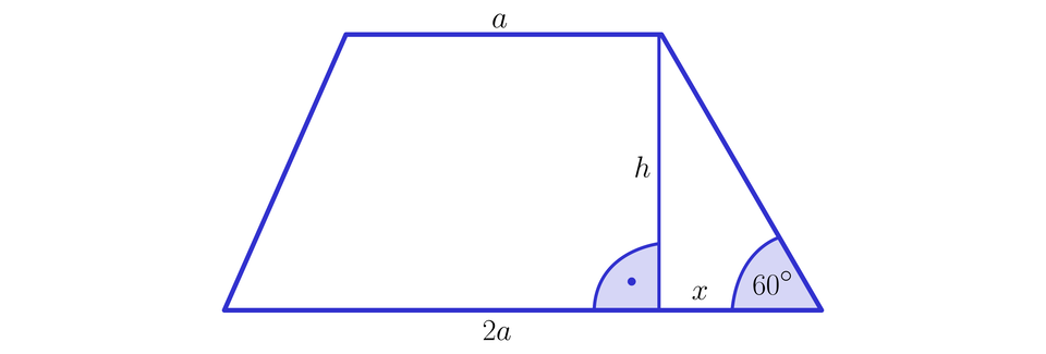 Ilustracja przedstawia trapez o podstawach długości 2 a (dolna) oraz a (górna) o  wysokości h upuszczonej z prawego górnego wierzchołka, która z ramieniem tworzy  trójkąt o przyprostokątnych h i x. Kąt przy podstawie wynosi 60 stopni. 