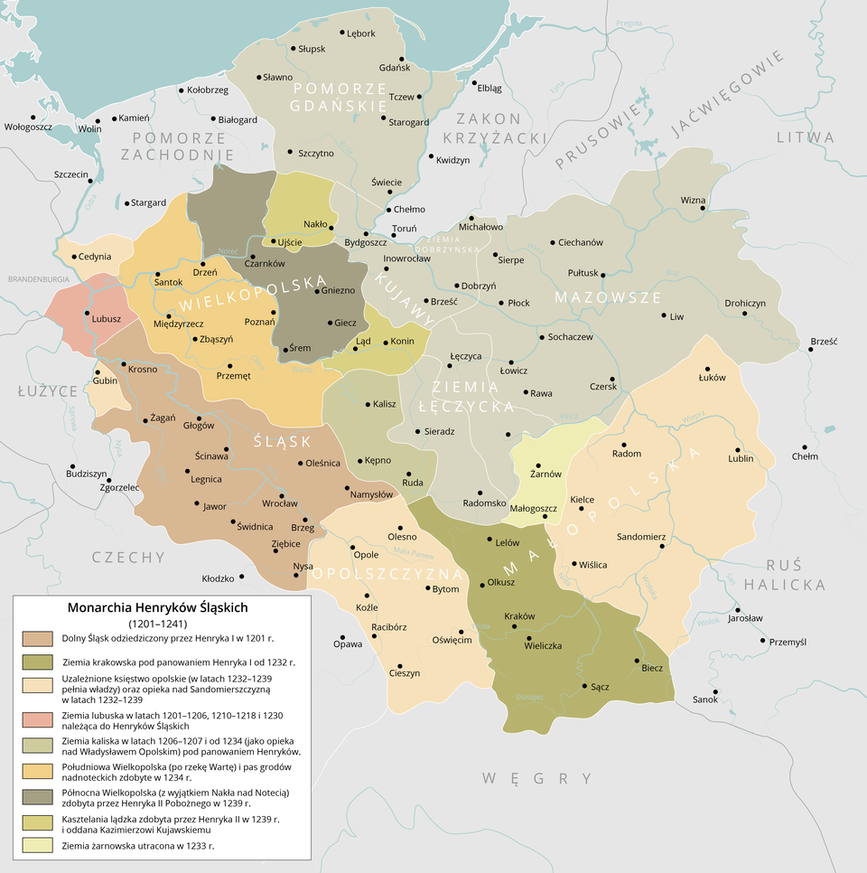Mapa Polski przedstawia Monarchię Henryków Śląskich w latach 1201 – 1241.  Pomorze Gdańskie z miastami Sławno, Słupsk, Lębork, Gdańsk, Tczew, Szczytno, Świecie, Starogard, dalej Kujawy z miastami Bydgoszcz, Inowrocław, Brześć dalej ziemia Łęczycka z miastami Łęczyca, Łowicz, Sieradz, Radomsko, Rawa, dalej Mazowsze z miastami Pułtusk, Liw, Ciechanów, Wizna, Drohiczyn.  Wielkopolska została podzielona na trzy ziemie. Południowa część Wielkopolski z miastami Santok, Zbąszyń, Poznań  po rzekę Wartę i pas grodów nadnoteckich zostały zdobyte w 1234 roku. Są to miasta Santok, Międzyrzecz, Zbąszyń, Przemęt, Poznań, Drzeń. Północna Wielkopolska z wyjątkiem Nakła nad Notecią, zdobyta została przez Henryka Drugiego Pobożnego w 1239 roku. Są to ziemie z miastami Gniezno, Śrem, Czarnków i Giecz. Kasztelania lądzka zdobyta została przez Henryka Drugiego Pobożnego w 1239 roku i oddana Kazimierzowi Kujawskiemu. Są to ziemie z miastami Nakło, Ujście, Ląd i Konin.  Dolny Śląsk odziedziczony przez Henryka Pierwszego w 1201 roku obejmował miasta Krosno, Żagań, Głogów, Ścinawa, Legnica, Jawor, Świdnica, Wrocław, Brzeg, Nysa, Namysłów, Oleśnica. Ziemia krakowska pod panowaniem Henryka Pierwszego od 1232 roku obejmowała tereny z miastami:  Lelów, Olkusz, Kraków, Wieliczka, Sącz, Biecz.  Uzależnione Księstwo opolskie oraz opieka nad Sandomierszczyzną w latach 1232 – 1239, kiedy trwała pełnia władzy, obejmowały ziemie opolszczyzny z miastami Olesno, Opole, Bytom, Koźle, Cieszyn, Oświęcim, Racibórz oraz ziemie Małopolski z miastami Wiślica, Sandomierz, Radom, Kielce, Lublin, Łuków.  Ziemia Lubuska z miastem Lubusz w latach 1201 – 1206,1210 – 1208 naście i 1230 należała do Henryków Śląskich. Ziemia Kaliska z miastami Kalisz, Kępno, Ruda W latach 1206 – 1207 i od 1234 jako opieka nad Władysławem Opolskim znajdowały się pod panowaniem Henryków.  Ziemia Żarnowska utracona w 1233 roku, to ziemia pomiędzy Małopolską a ziemia Łęczycką z miastami Żarnów, Małogoszcz.